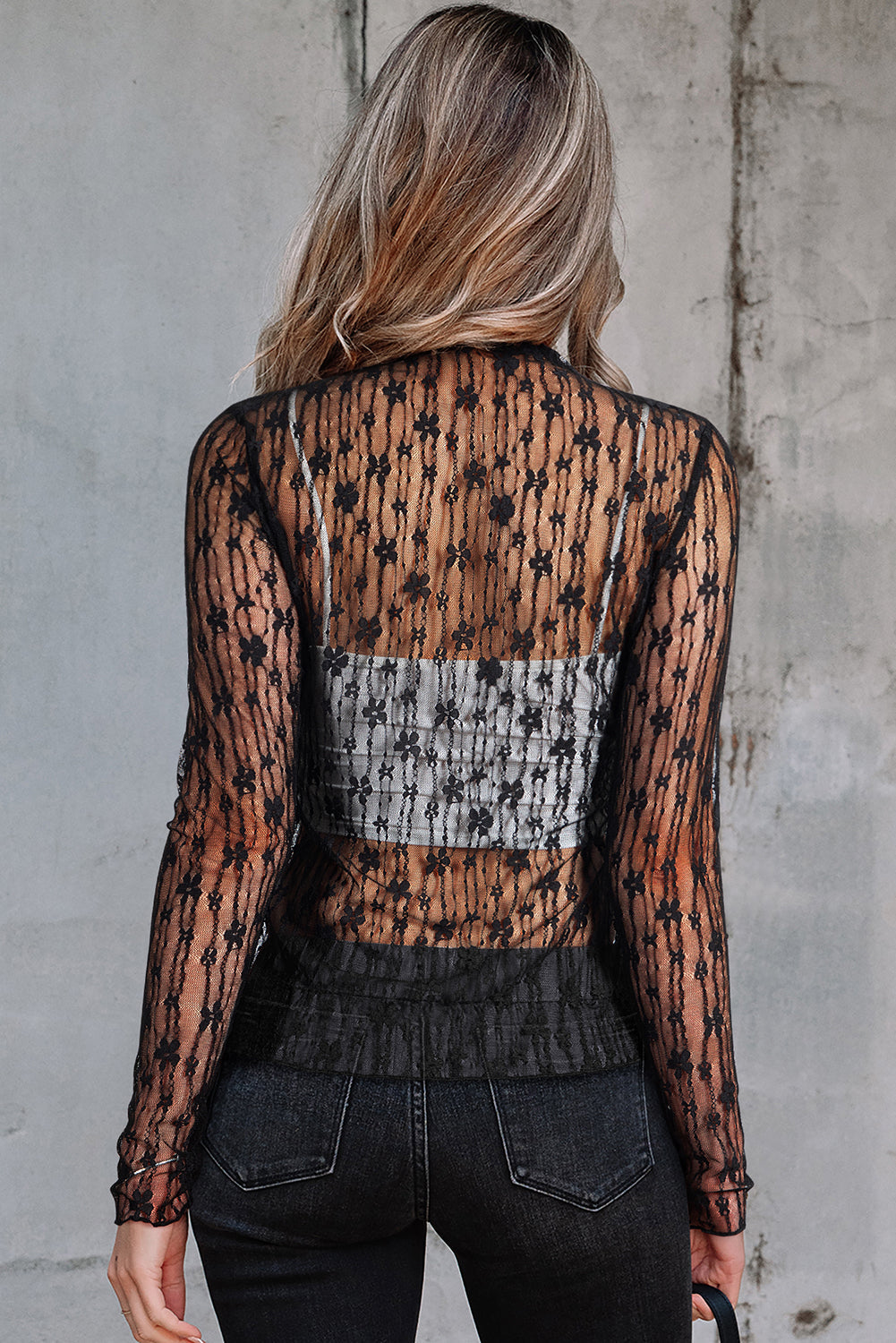 Sheer Floral Lace Long Sleeve Slim Fit Top eAura