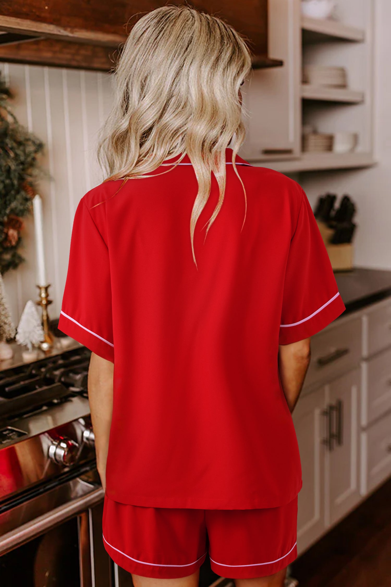 Red Contrast Trim Ribbon Bow Short Pyjama Set - Loungewear & Sleepwear/Pyjama Shorts