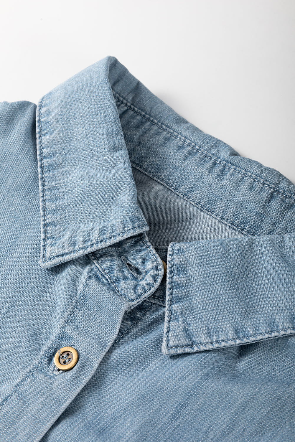 Dusk Blue Folded Short Sleeve Patched Pocket Denim Shirt eAura