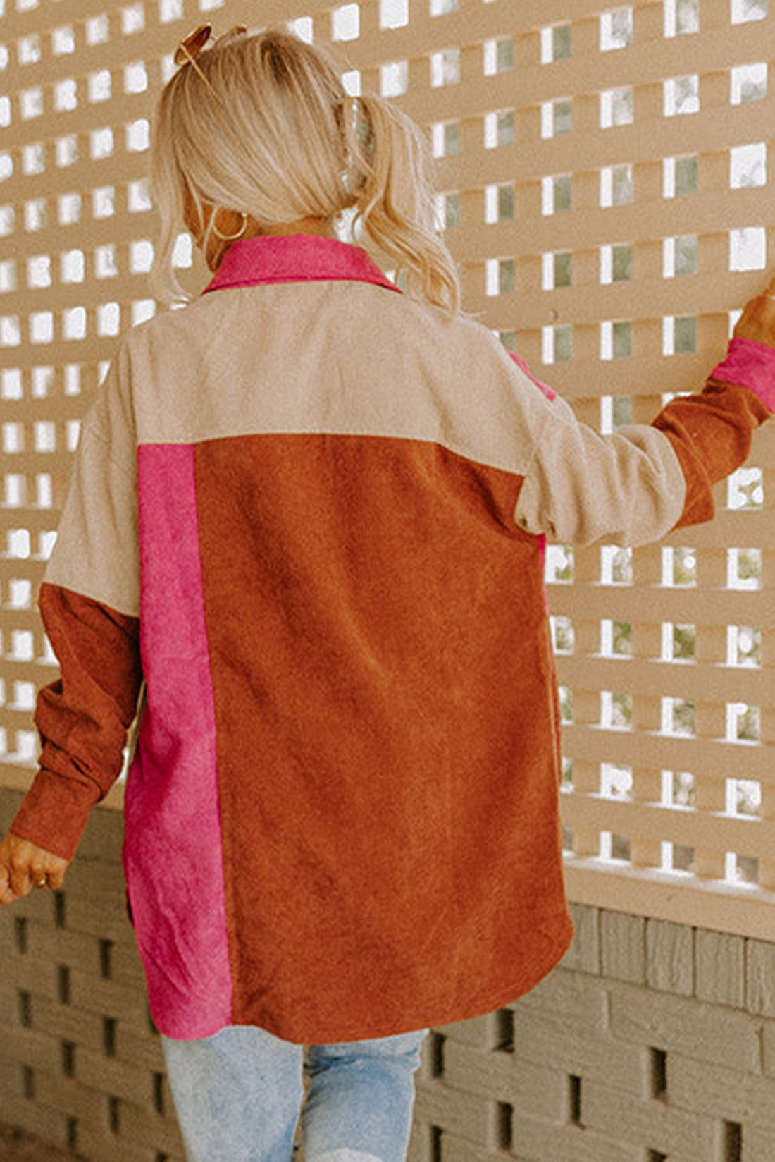 Rose Red Colourblock Curved Hem Corduroy Shacket with Pocket eAura
