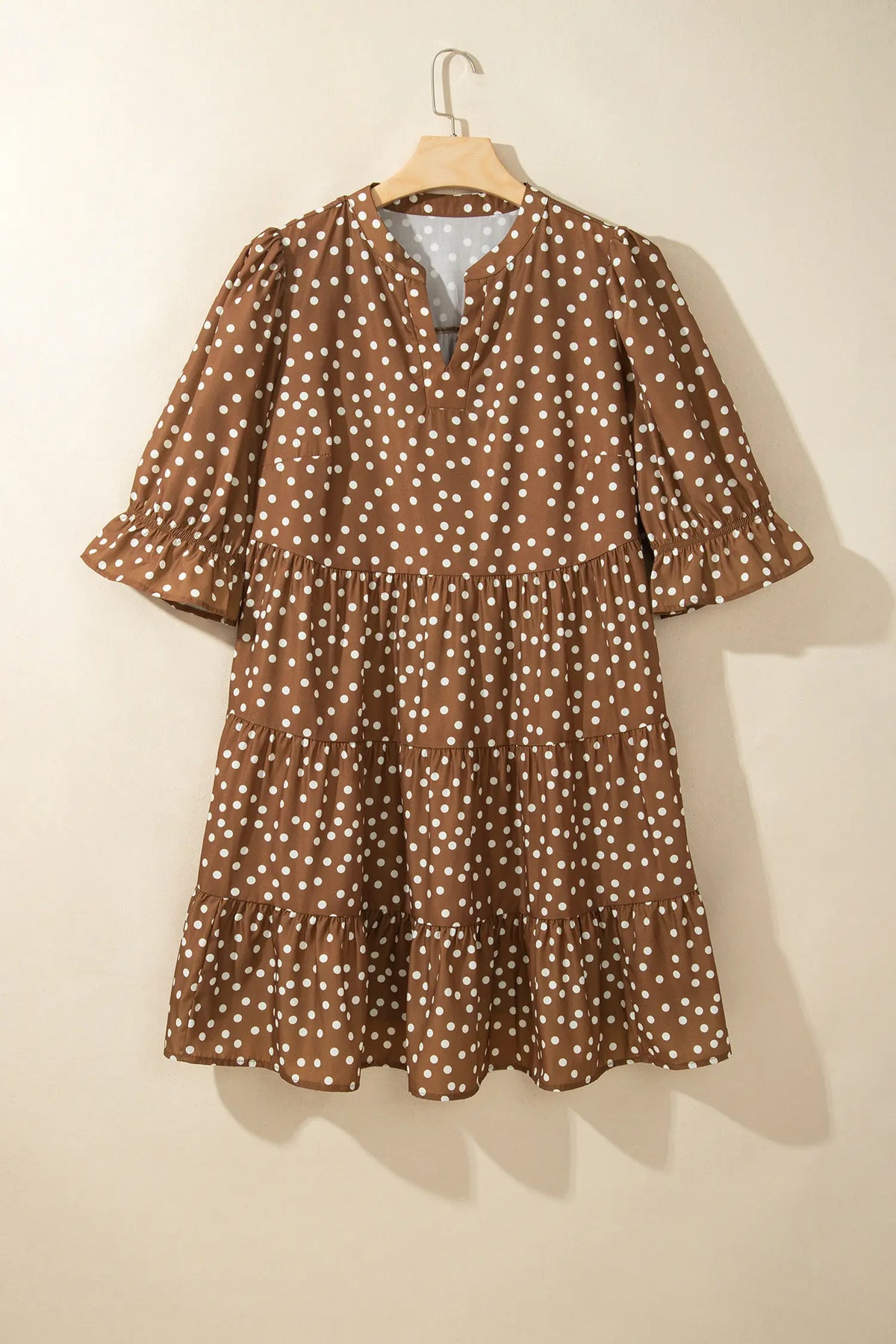 V Neck Polka Dot Long Sleeve Shift Plus Size Dress – Brown