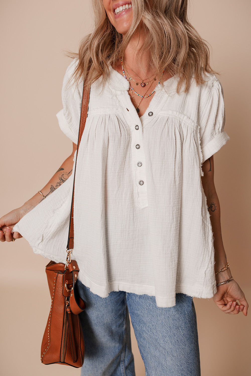 White Textured Short Sleeve Buttons Frayed Blouse eAura
