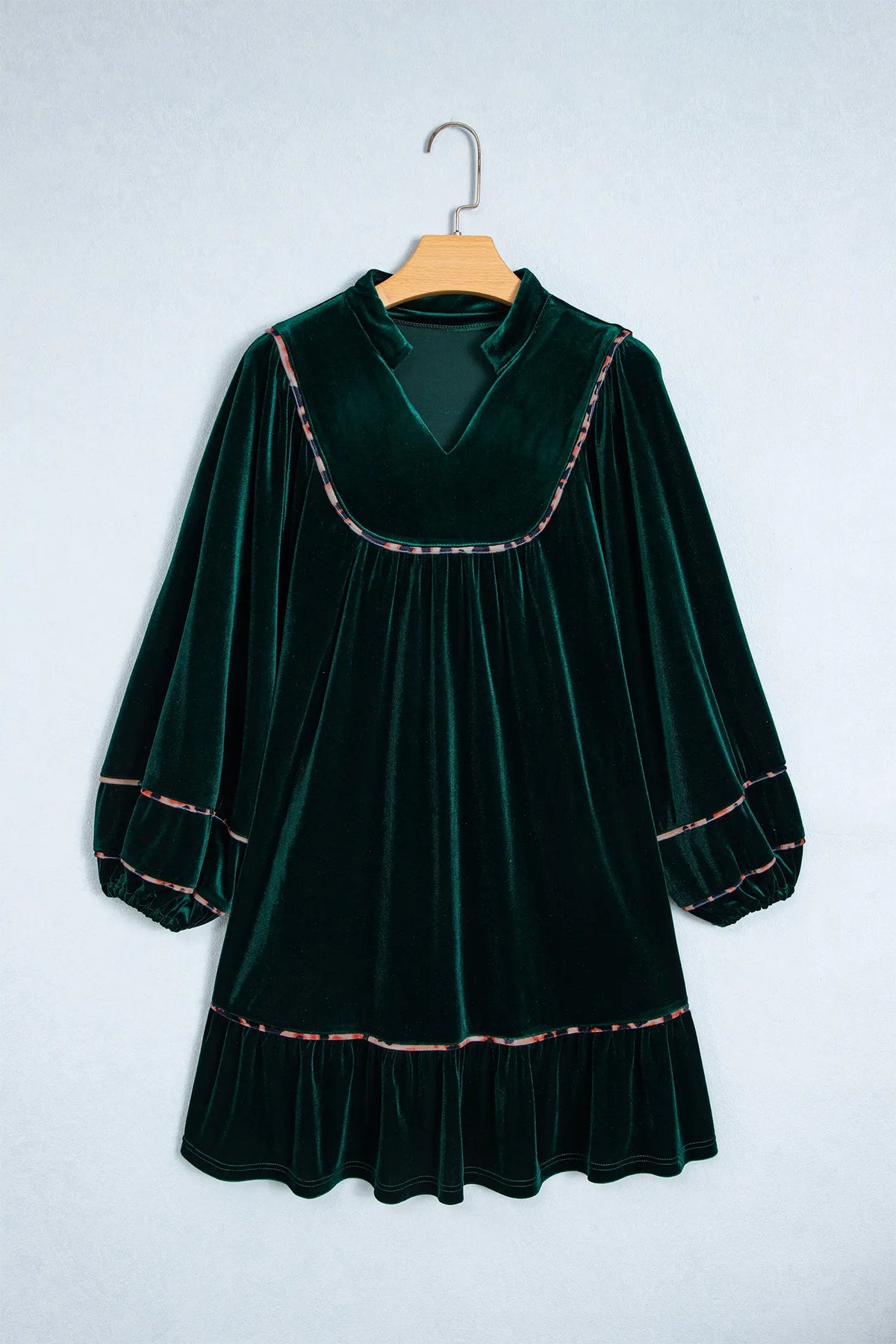 Leopard Trim Velvet Long Sleeve Shift Dress – Blackish Green