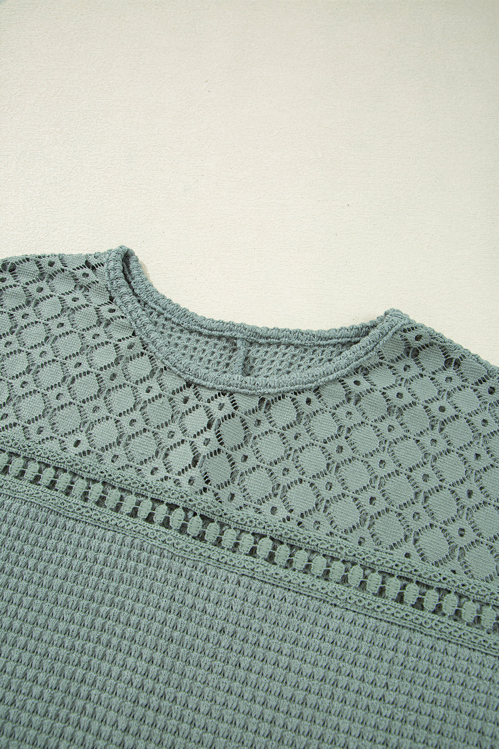 Mist Green Lace Patchwork Waffle Short Sleeve Top eAura