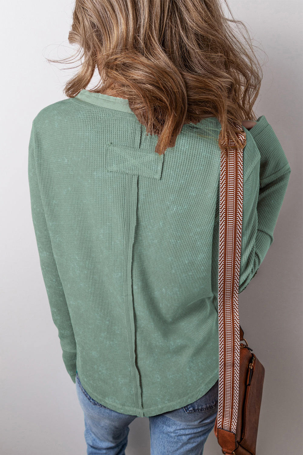 Smoke Green Acid Wash Waffle Knit Buttoned Neckline Long Sleeve Top Beagle Boutique Fashion Outlet