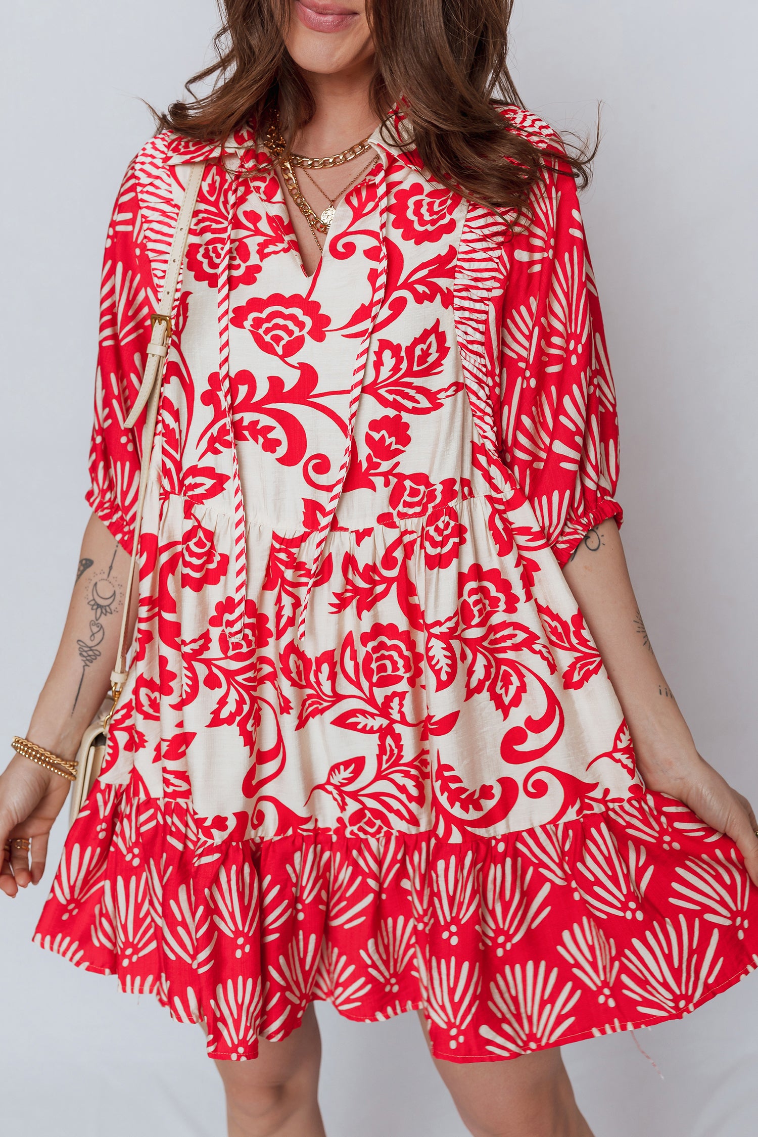 Collared V-Neck Half Sleeve Loose Floral Mini Dress