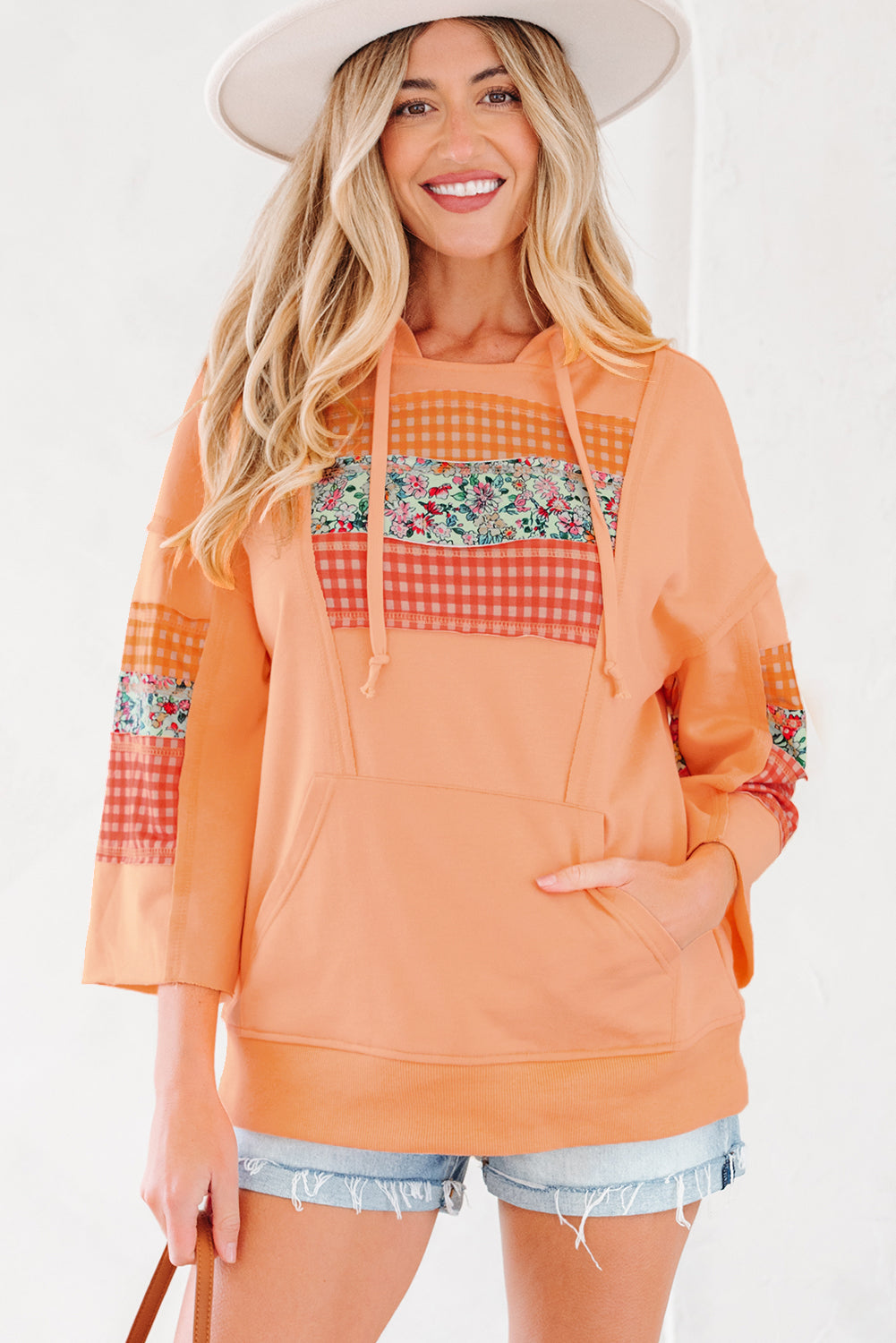 Plaid Floral Patchwork Kangaroo Pocket Hooded Long Sleeve Top - Orange / S - Tops/Long Tops