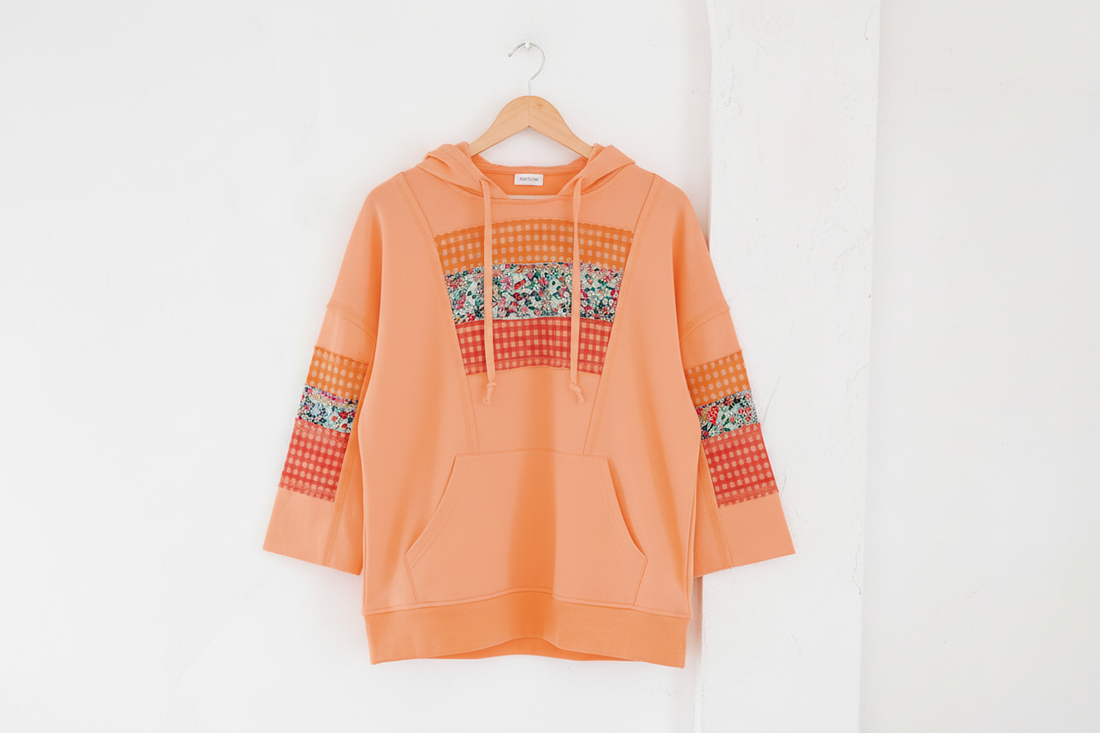 Plaid Floral Patchwork Kangaroo Pocket Hooded Long Sleeve Top - Tops/Long Tops