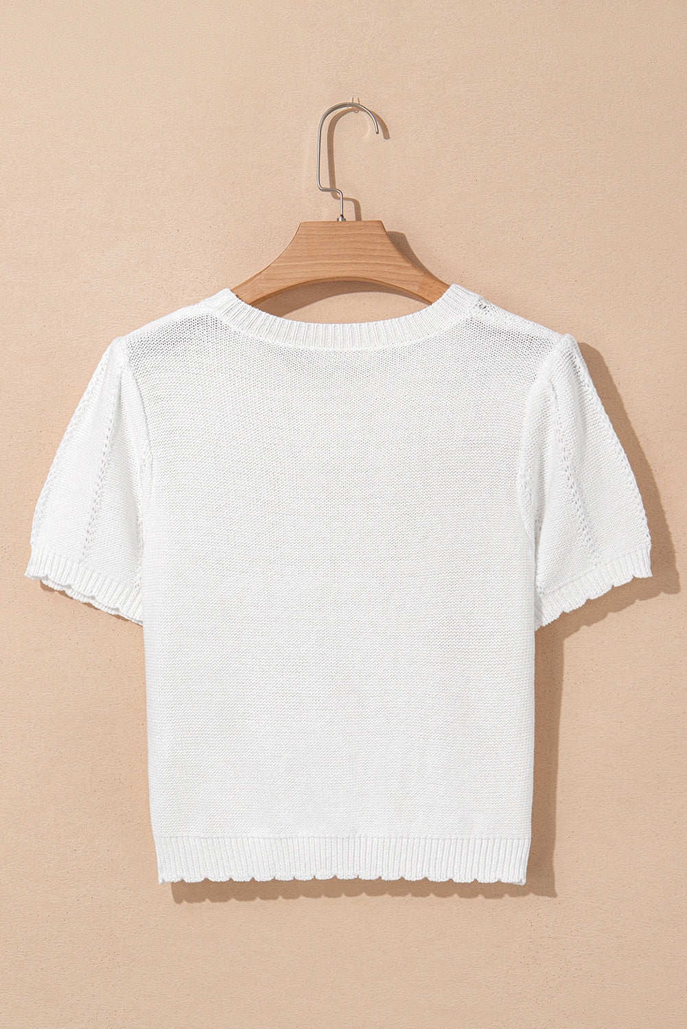 White Pointelle Knit Short Puff Sleeve Crewneck Sweater eAura