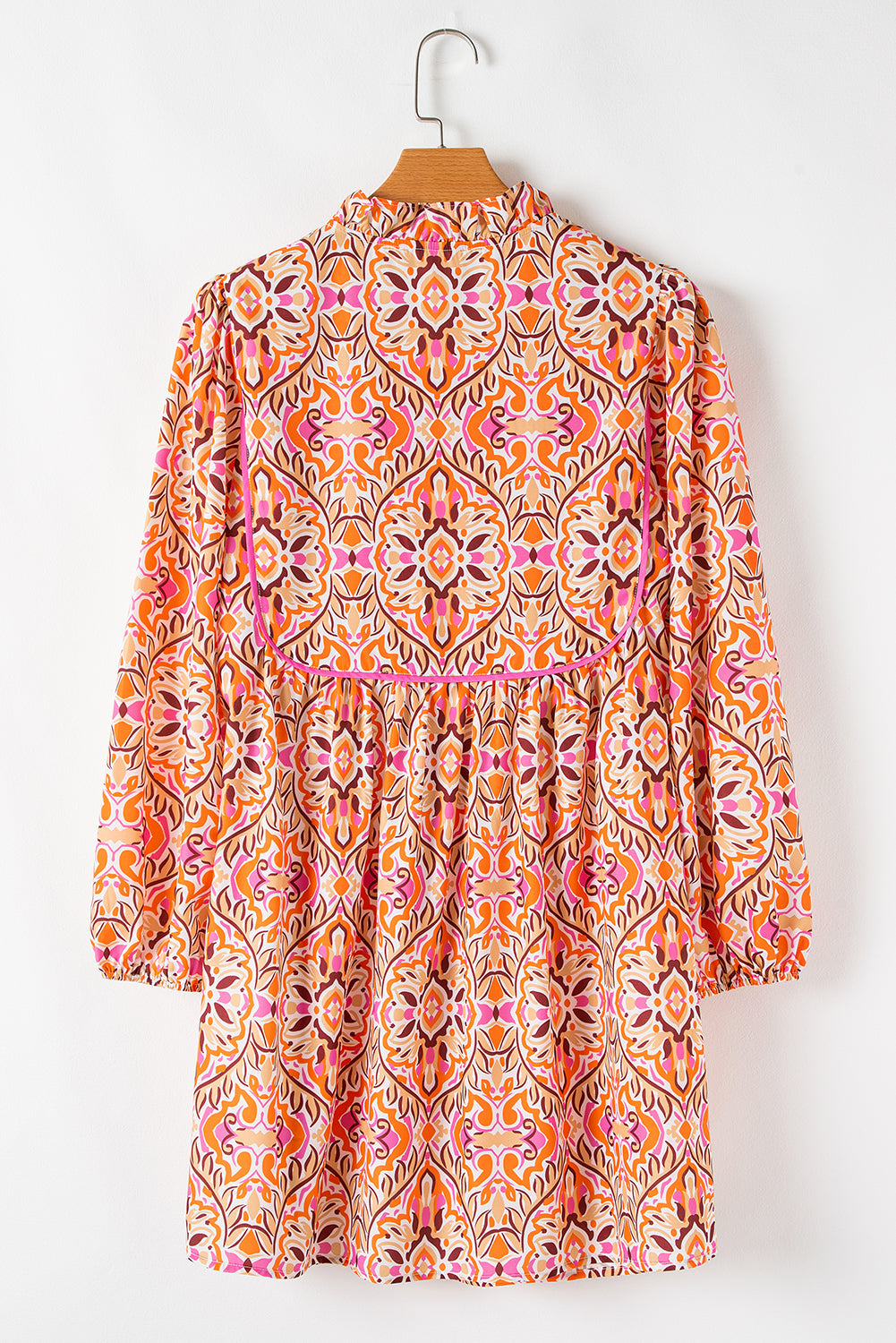 Khaki Abstract Printed Long Sleeve Tied Neckline Mini Dress eAura