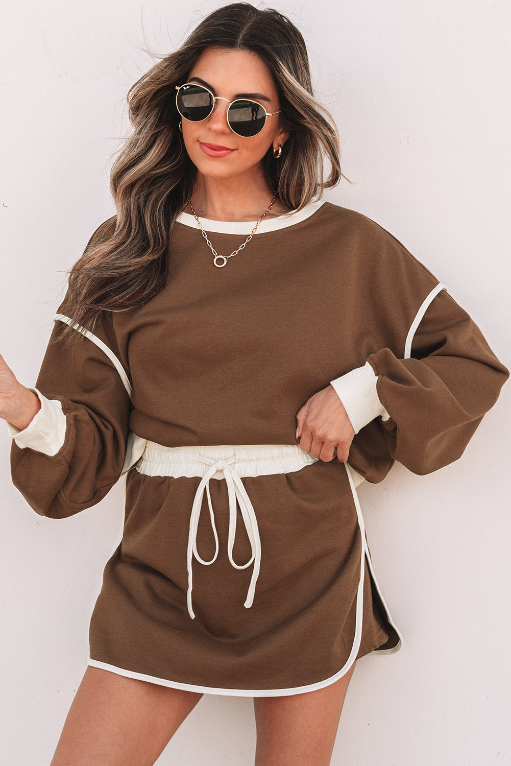 Coffee Colour Contrast Loose Pullover and Lace-up Waist Skort Set eAura
