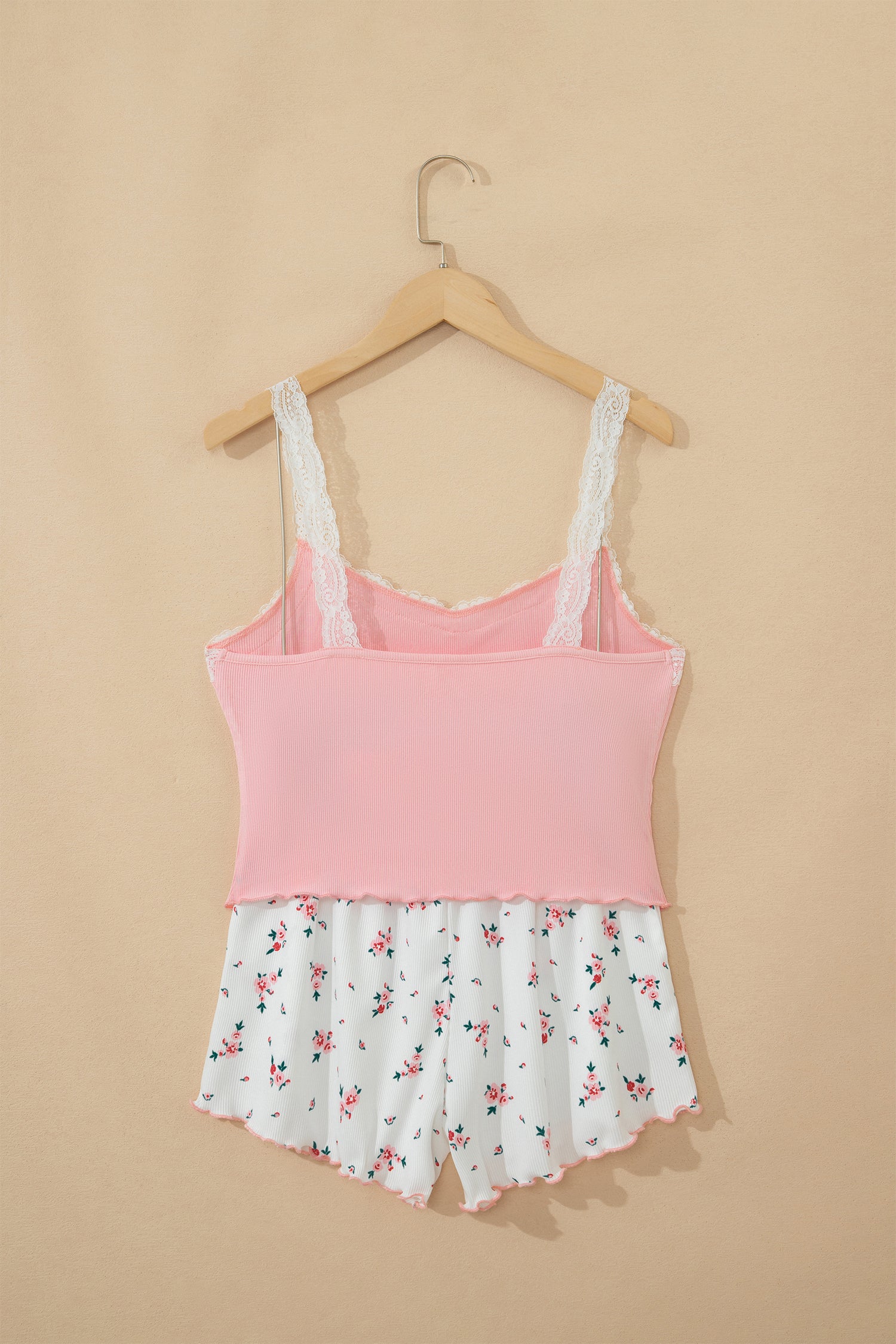 Ribbed Knit Lace Straps Patchwork Lettuce Hem Cropped Top Floral Short Lounge Set – Pink