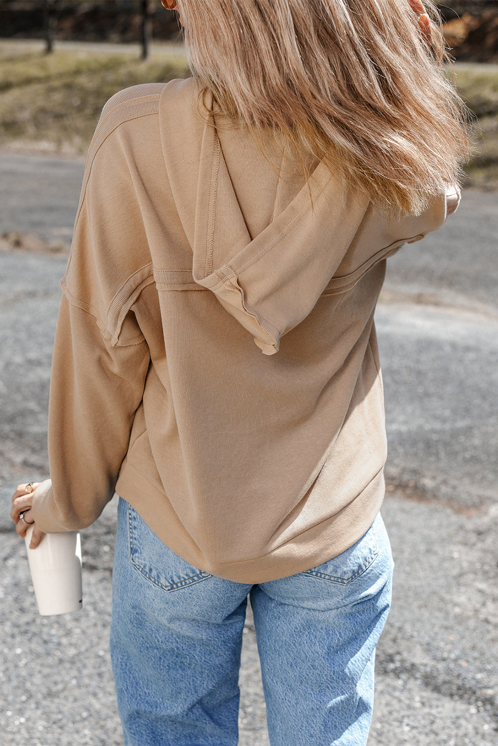 Pink Casual Button Solid Patchwork Trim Hoodie eAura