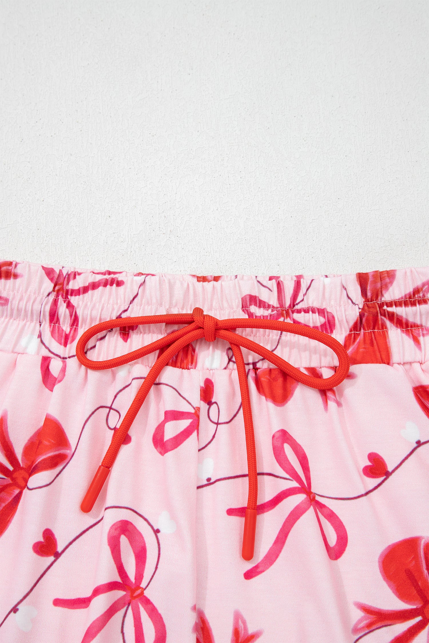 Romantic Bow Print Loose Tee Drawstring Shorts 2pcs Lounge Set – Red