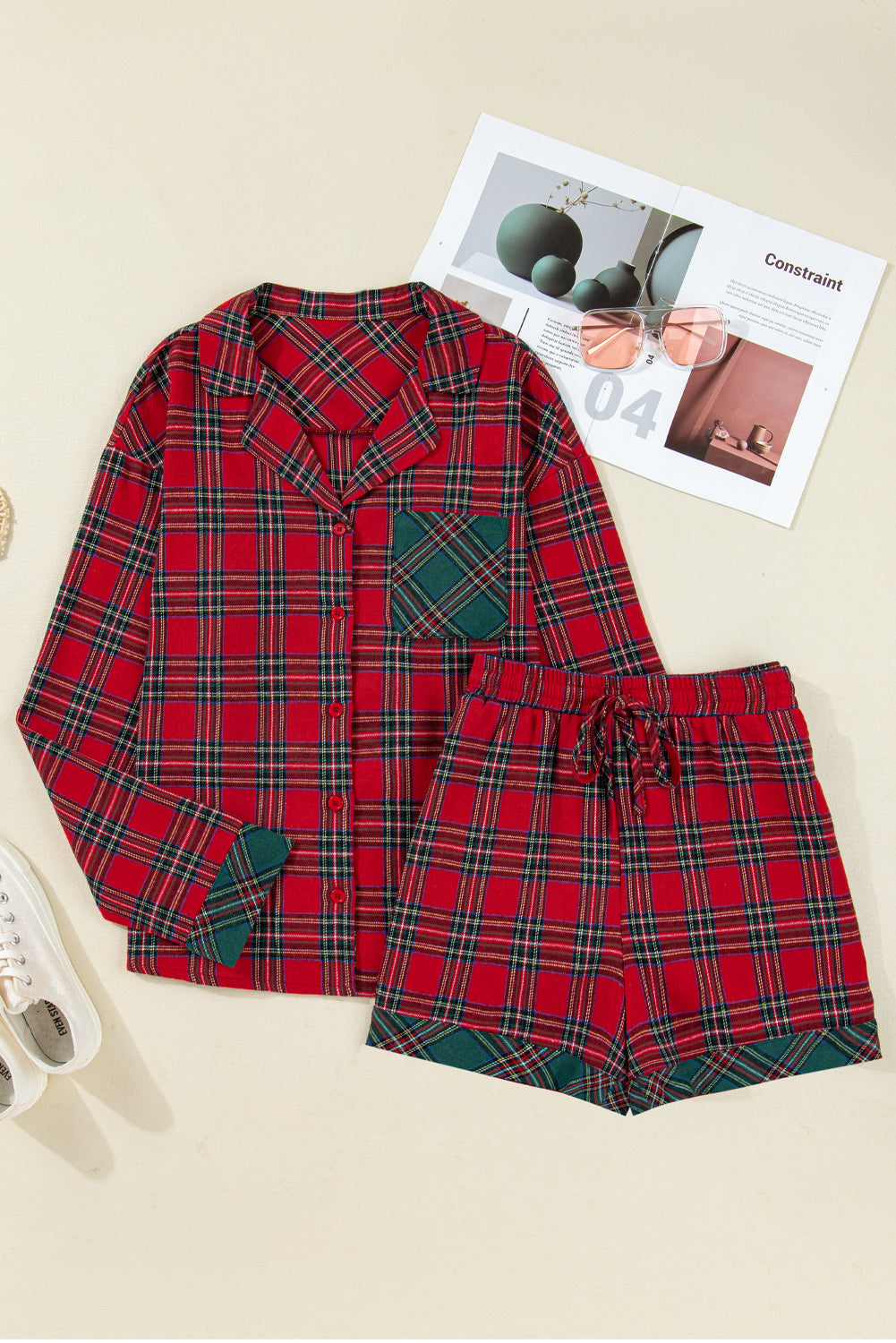 Red Plaid Contrast Patched Christmas Holiday Long Sleeve Shirt and Short 2pcs Pajama Set - eAura