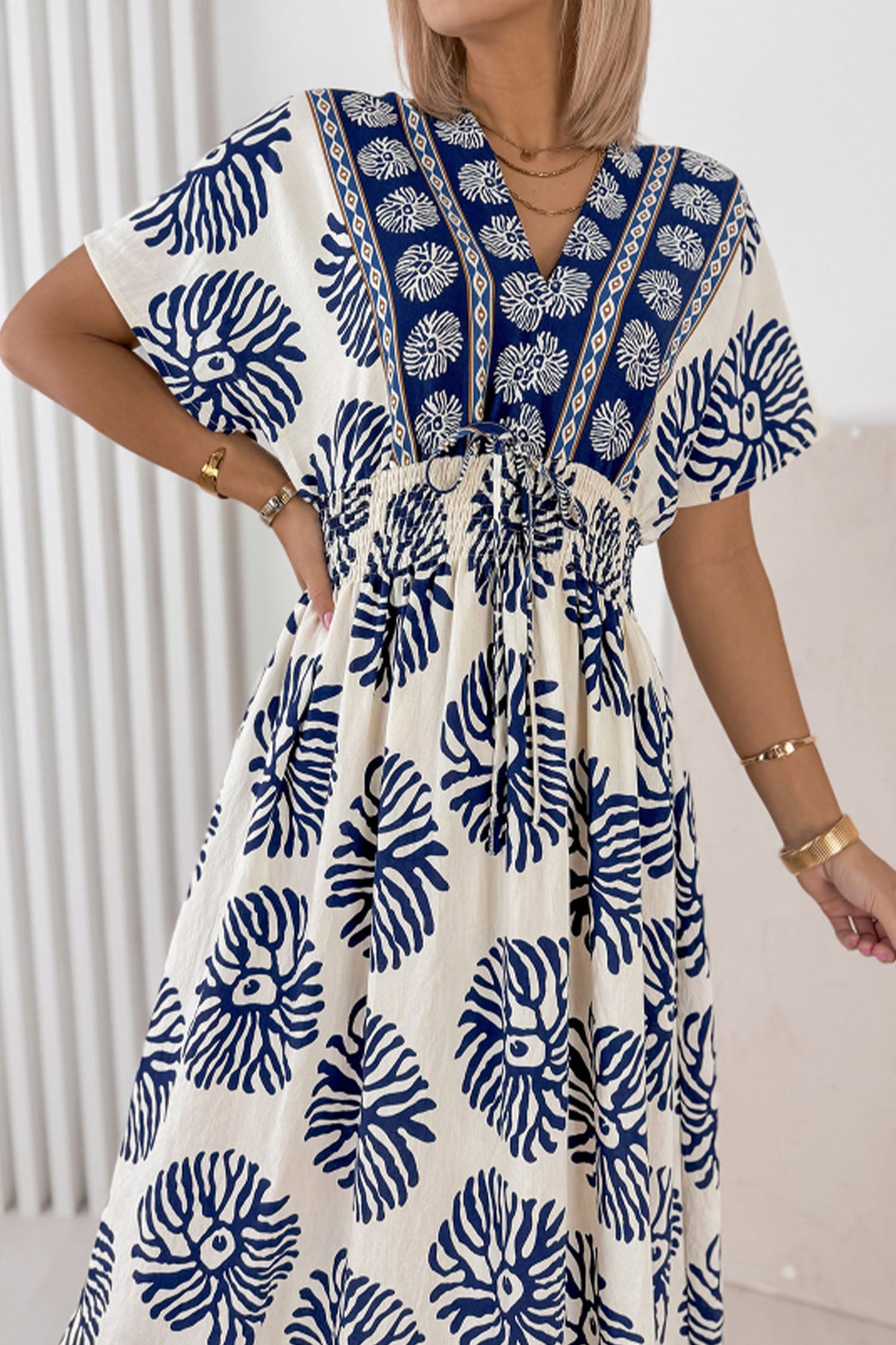 Boho Floral Print Contrast Patchwork V Neck Dolman Maxi Dress – Blue