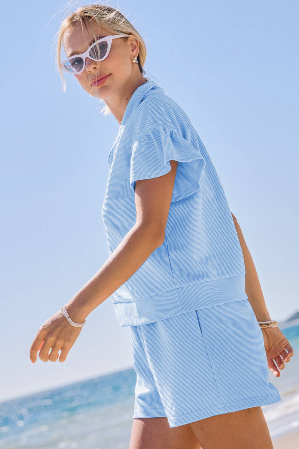 Blue Rib Texture Half Zip Ruffled Short Sleeve Top and Shorts Co-ord Set eAura