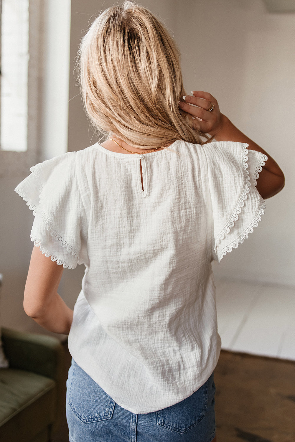 White Crinkled Layered Ruffled Flutter Sleeve Blouse eAura