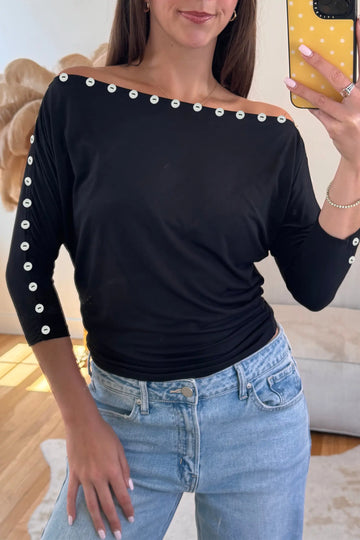 Off-Shoulder Top with 3/4 Sleeves and Button Detail