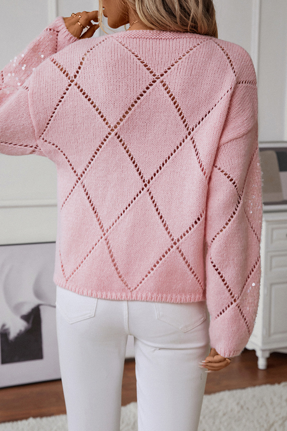 Hollowed Rhombus Pattern Sequin Detail Round Neck Sweater eAura