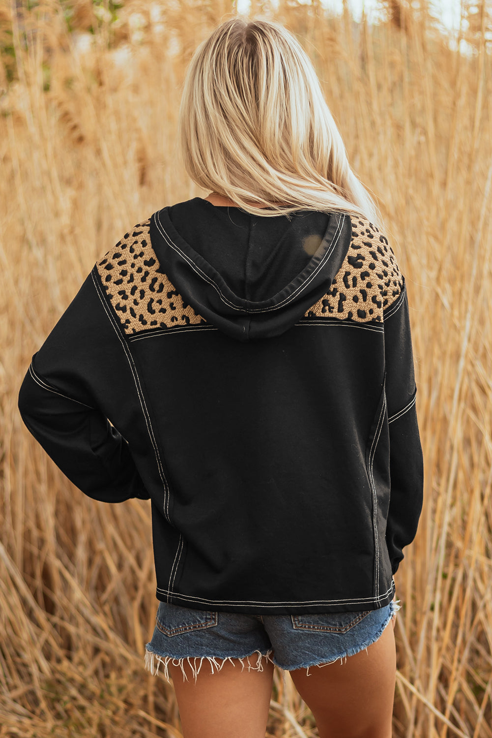 Leopard Patchwork Contrast Stitching Knotted Cuff Quarter Zip Hoodie - eAura