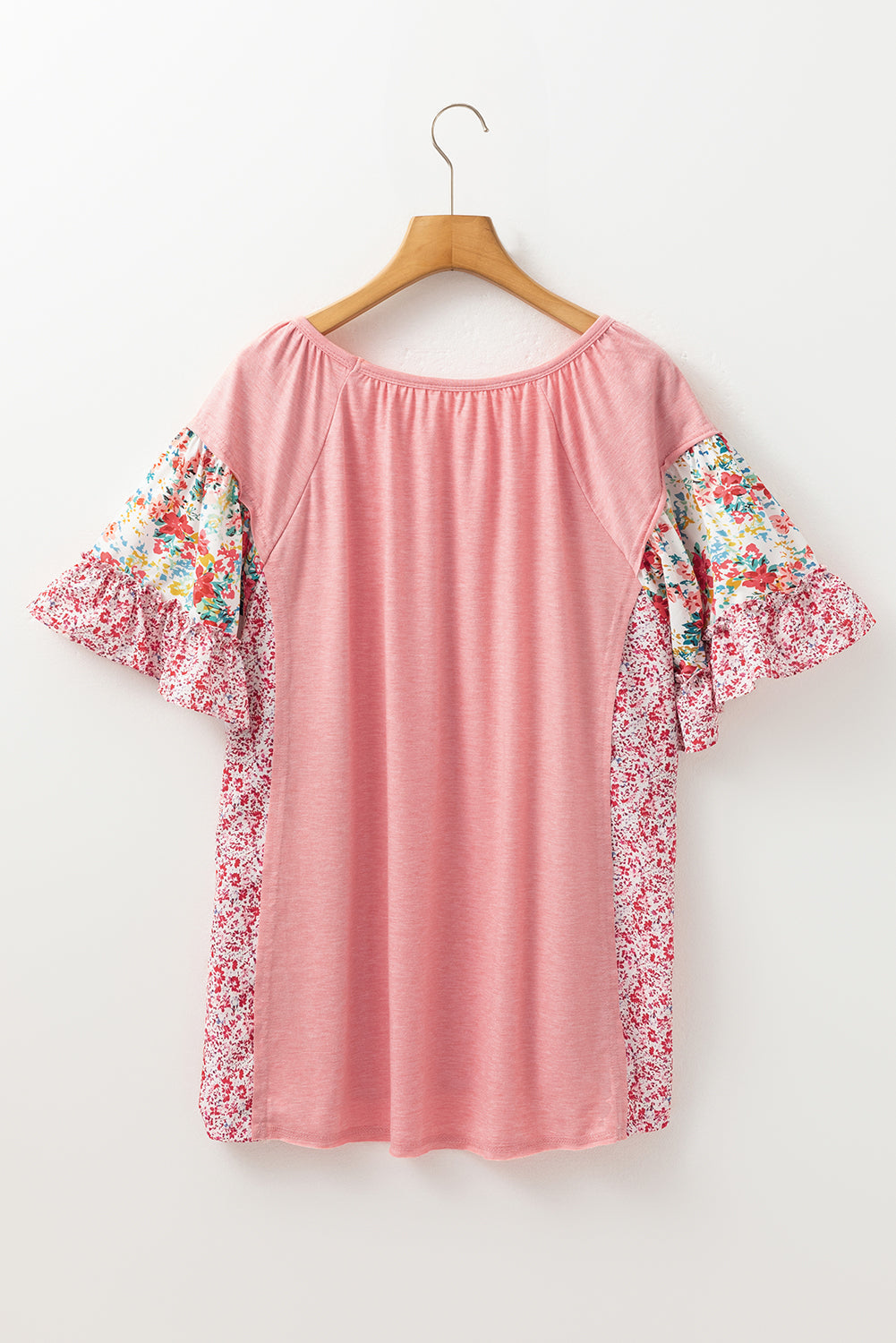 Pink Plus Size Floral Patchwork Ruffled Short Sleeve Blouse BB Fashion Outlet