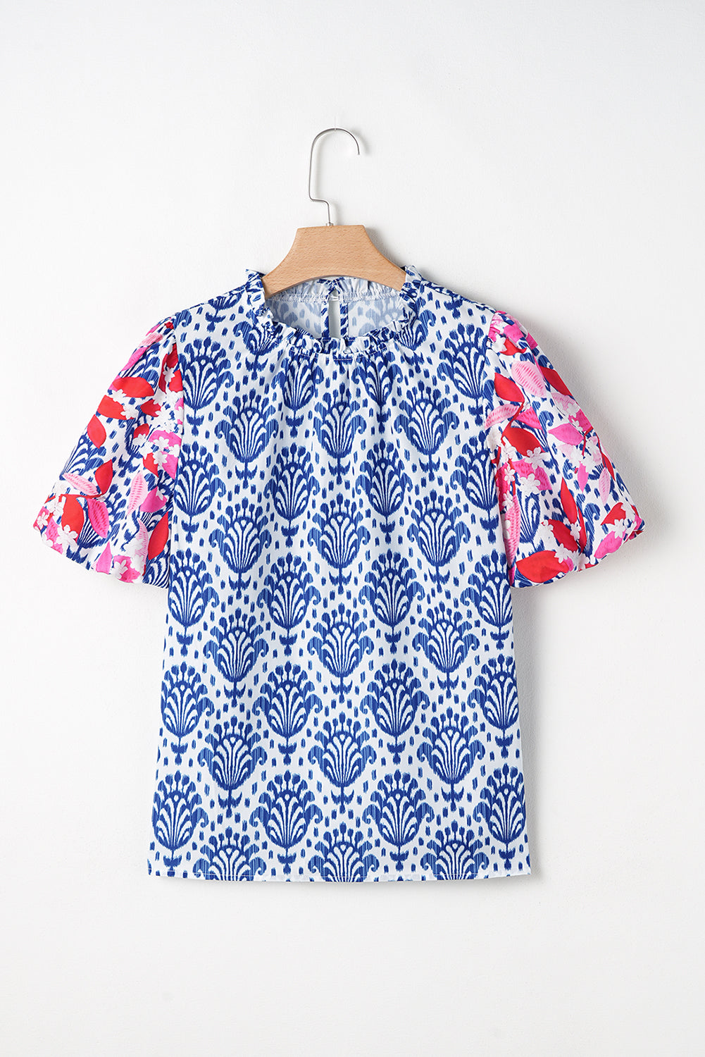 Blue Western Fashion Print Floral Puff Sleeve Frilled Neck Blouse eAura