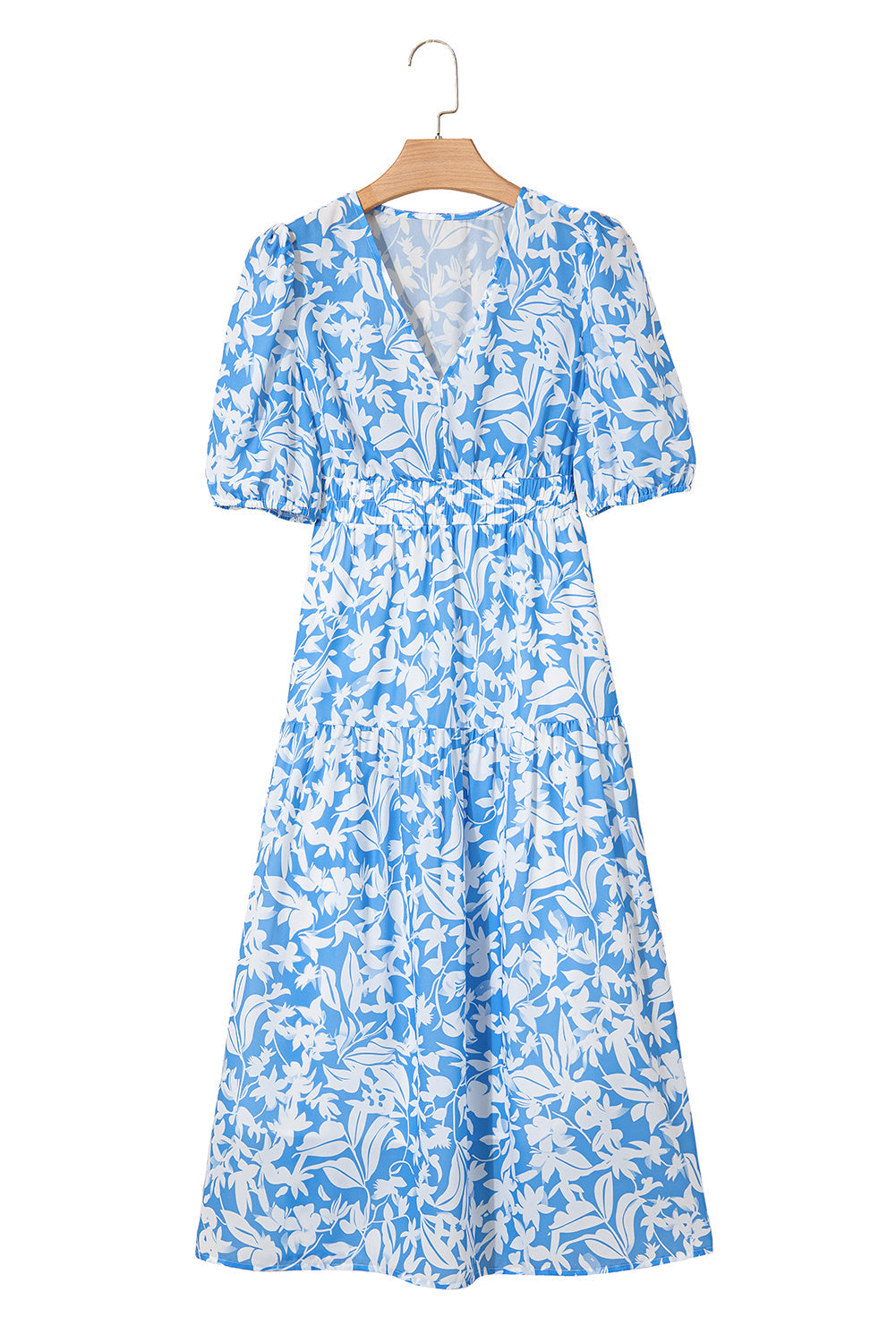 Sky Blue Floral V Neck Puff Short Sleeve Flowy Long Dress eAura