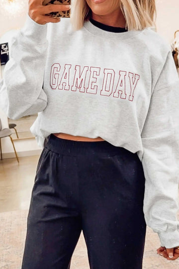 Game Day Letter Embroidery Long Sleeve Round Neck Sweatshirt – Light Grey