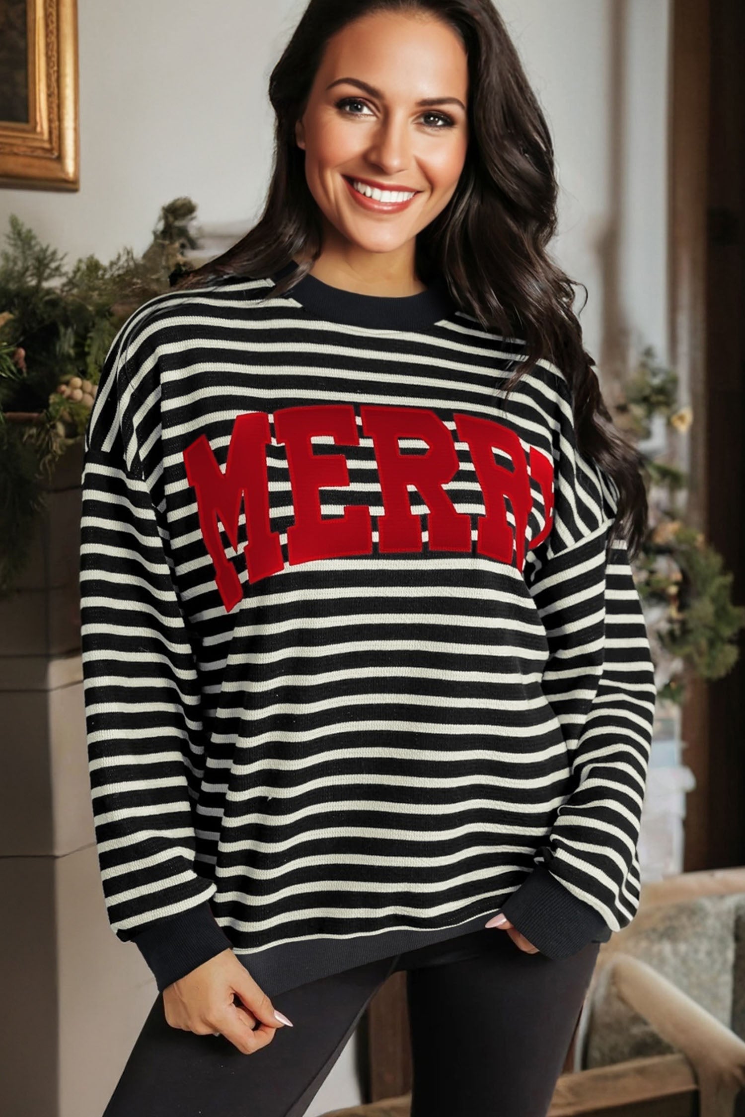 Black Stripe Contrast MERRY Letter Christmas Print Drop Shoulder Sweatshirt - eAura