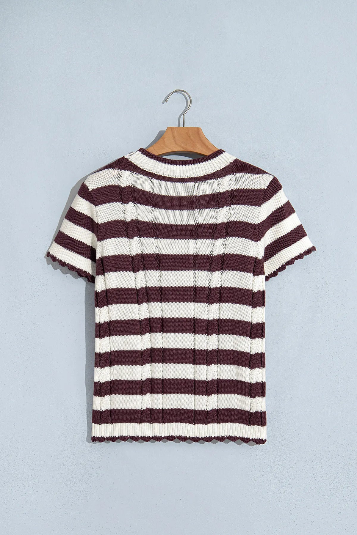Ribbed Knit Cable Detail Short Sleeve Sweater – Brown Stripe