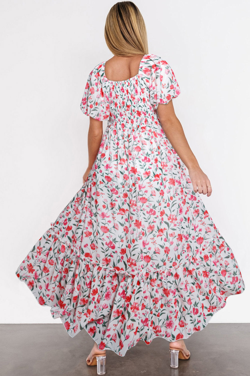 Pink Floral Puff Sleeve Square Neck Empire Waist Tiered Maxi Dress eAura