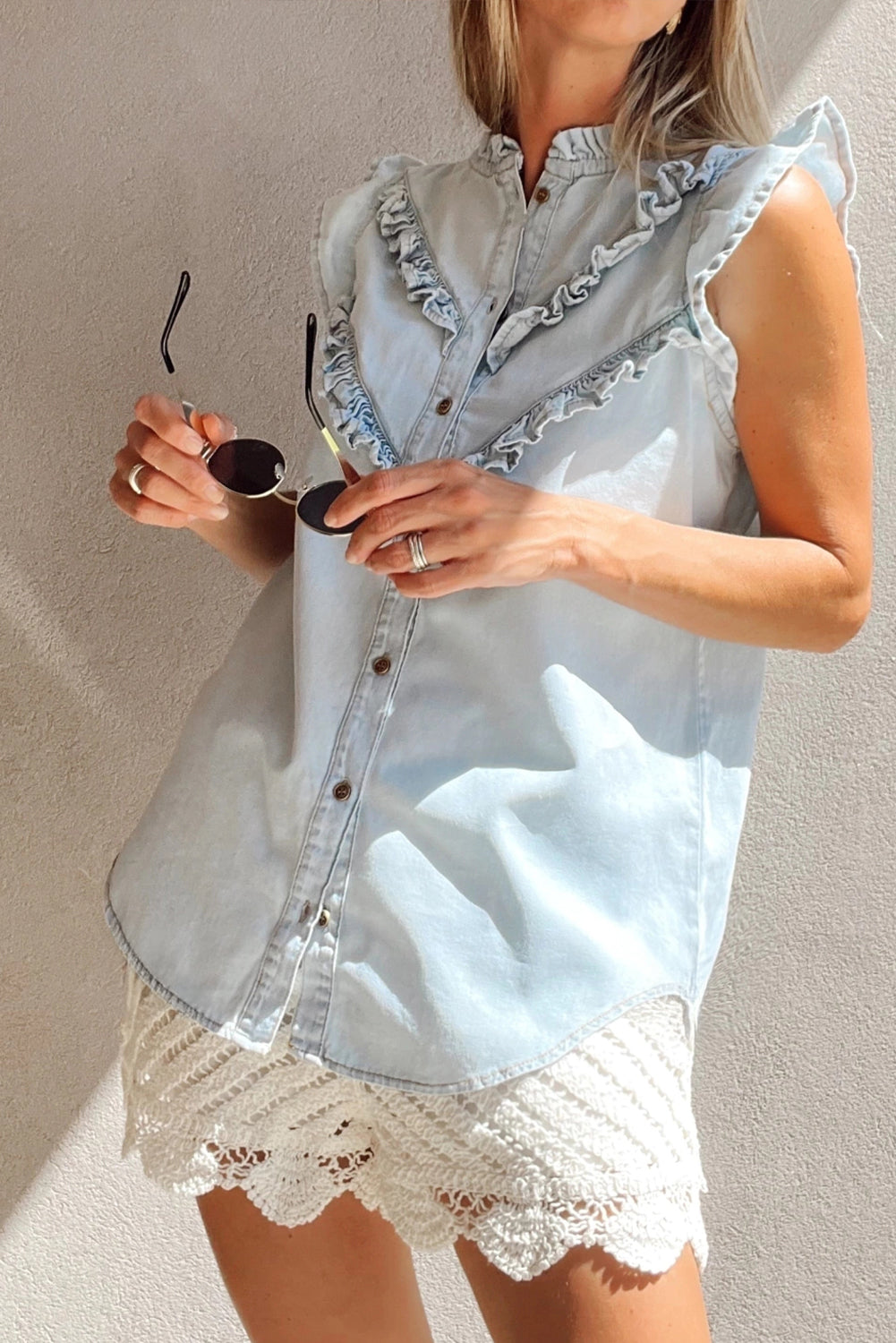 Beau Blue Mineral Wash Cap Sleeve Frilled Button Up Denim Shirt eAura