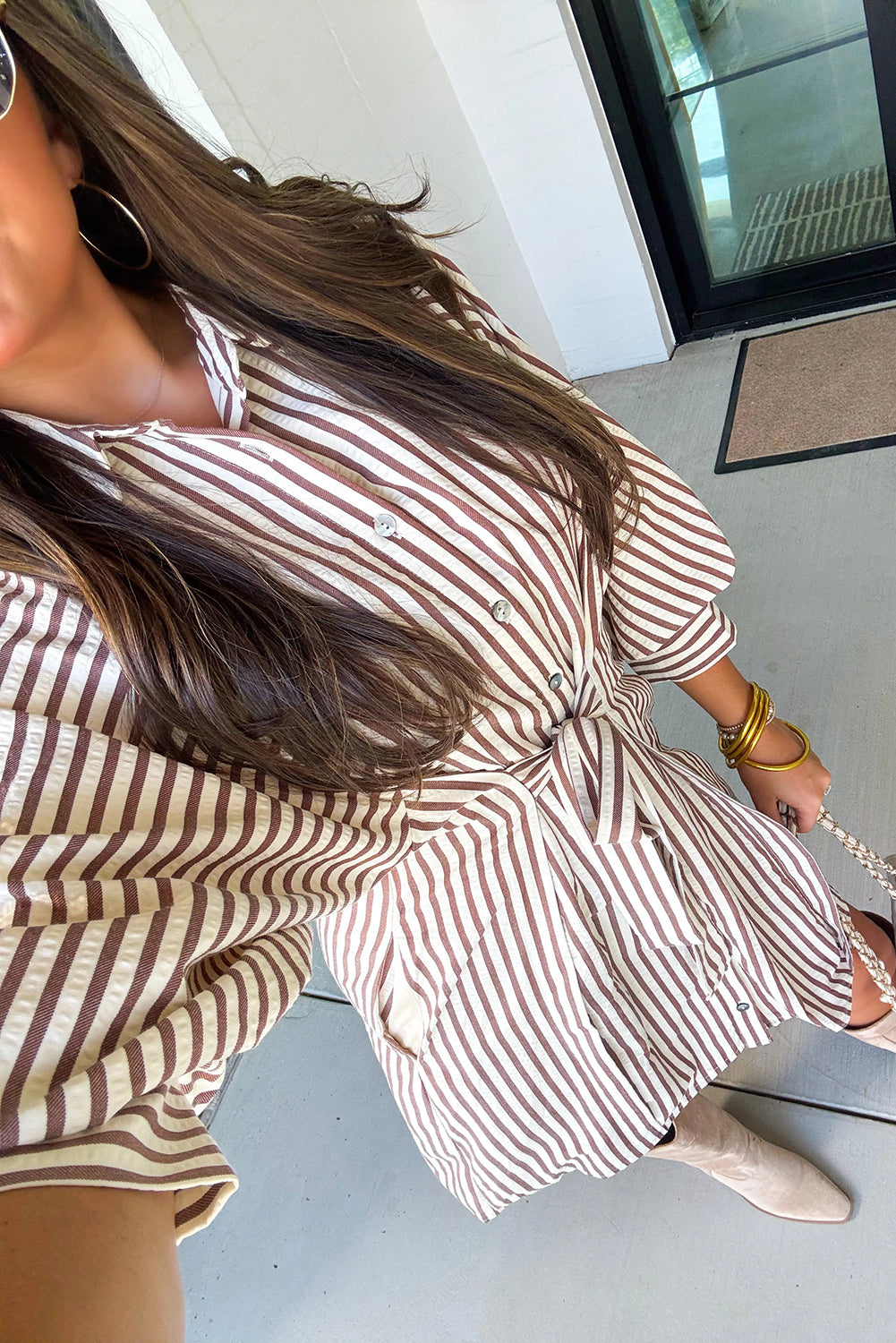 Stripe Knot Waist Puff Sleeve Button Down Mini Shirt Dress