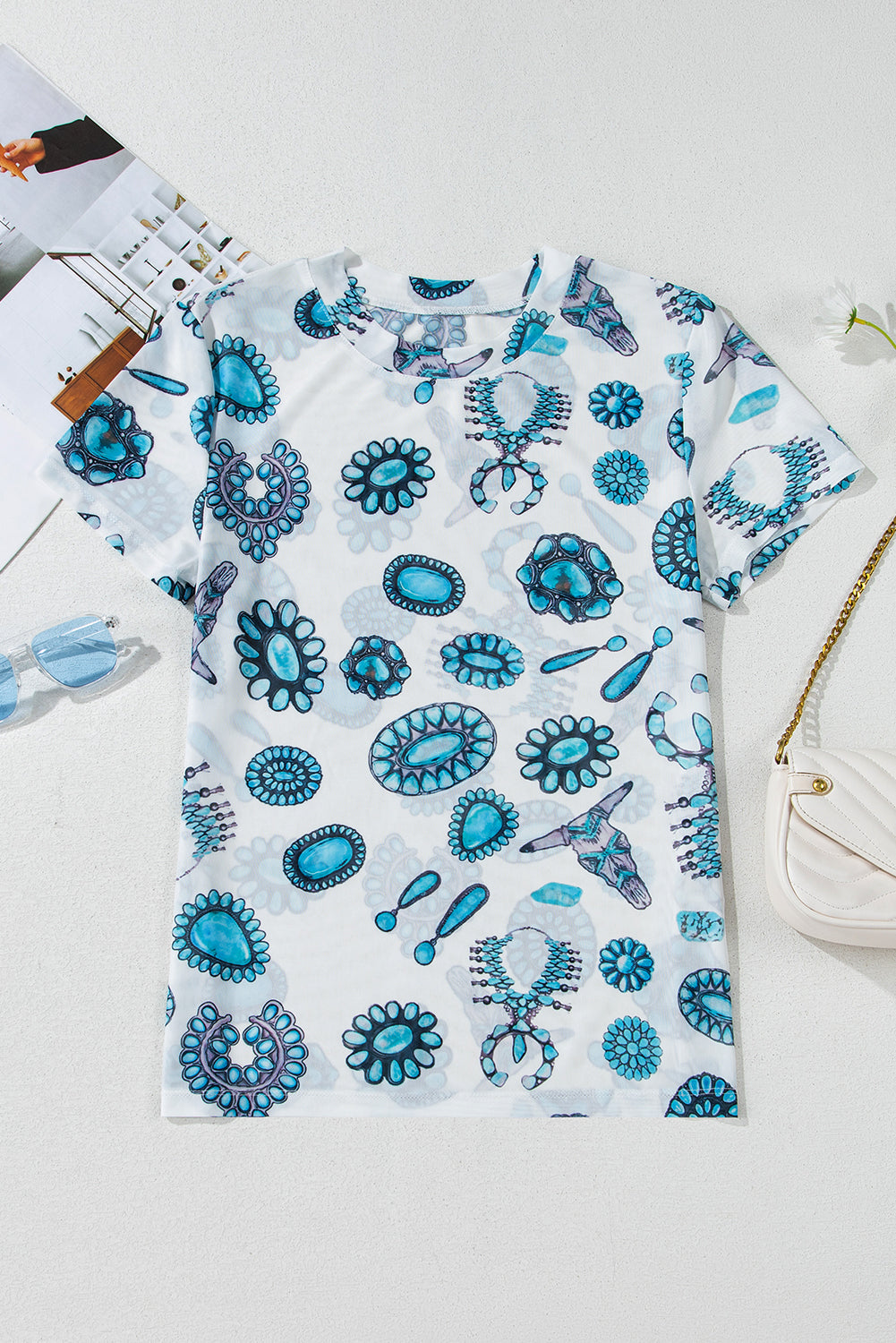 Sky Blue Western Turquoise Printed Crewneck Slim Fit Tee eAura
