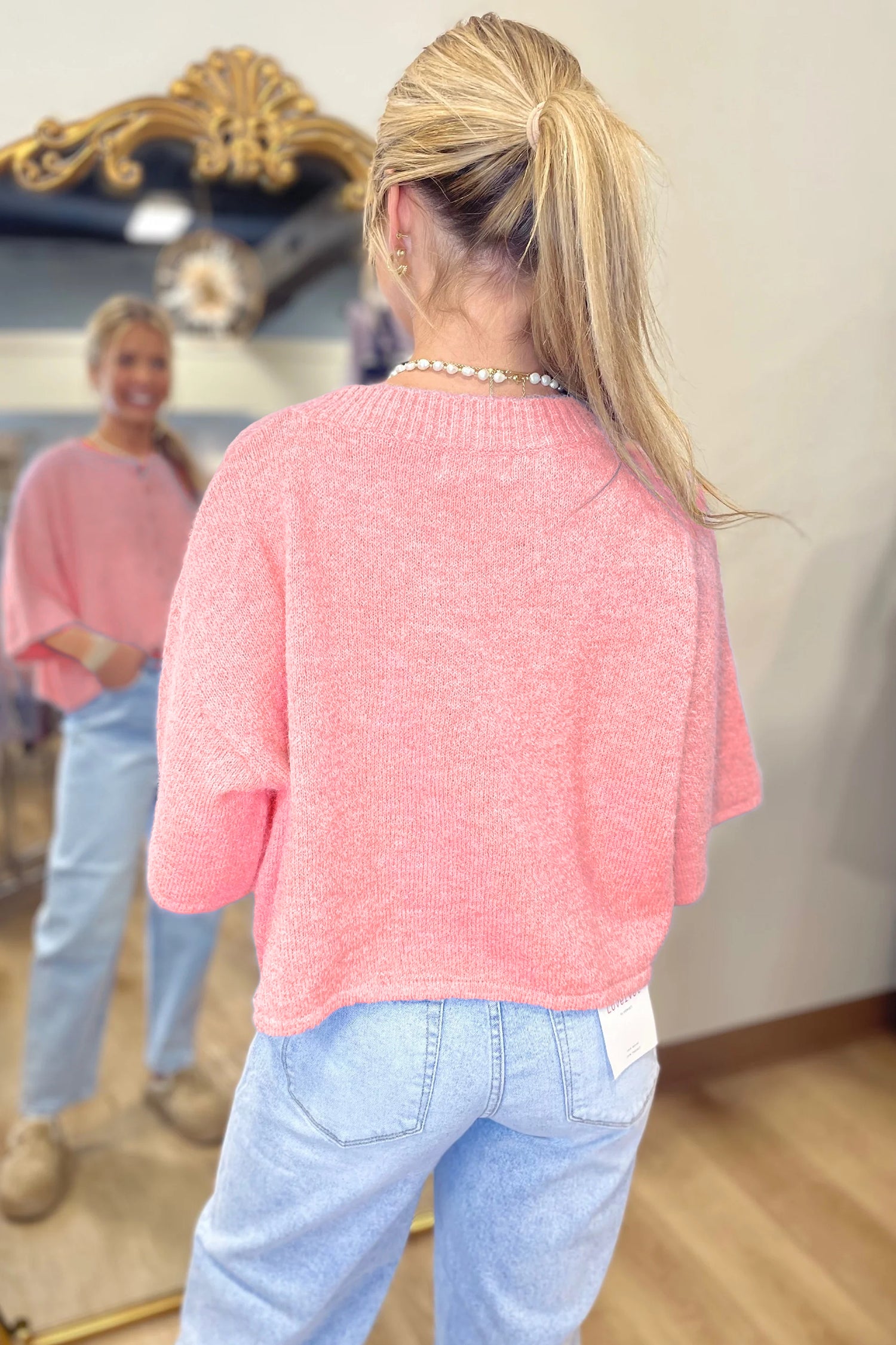 3/4 Sleeve Boxy Knit Button-Down Sweater Cardigan