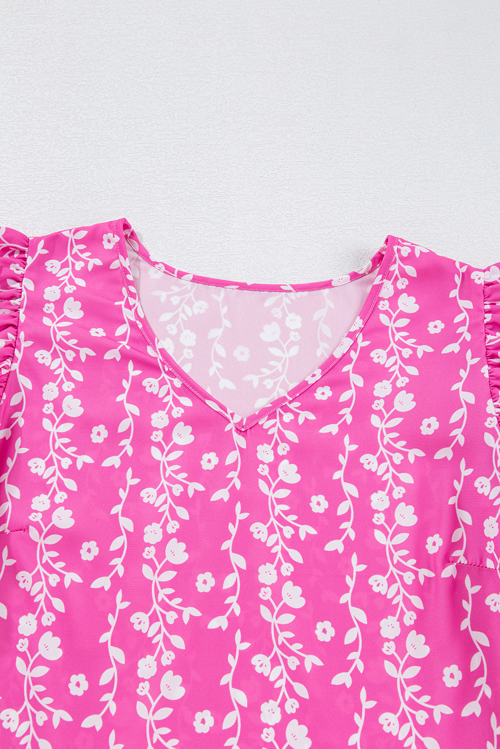 Pink Floral Print Ric-rac Tiered Ruffled V Neck Blouse eAura