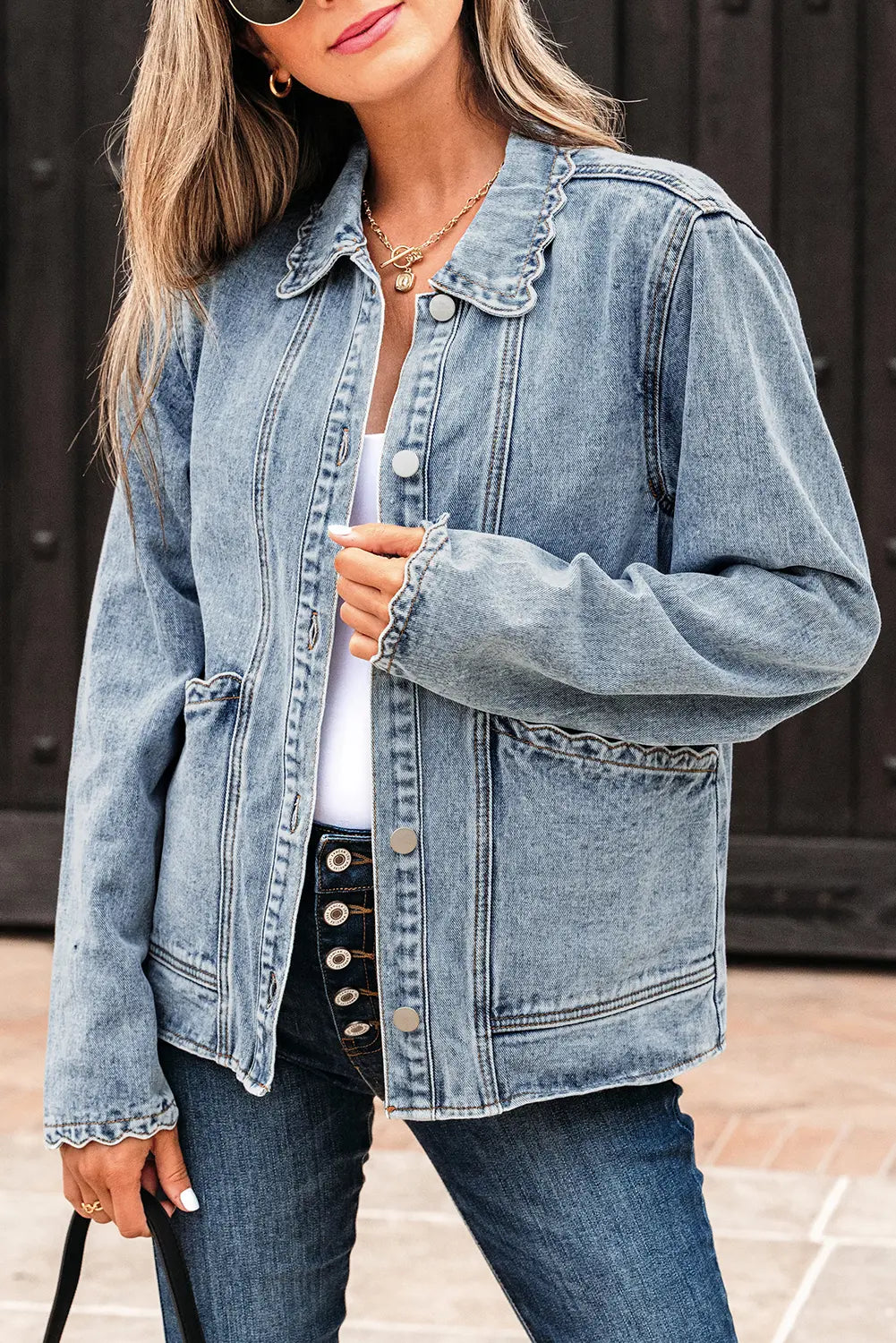 Blue Scallop Trim Collar Patched Pocket Button Up Mineral Washed Denim Jacket