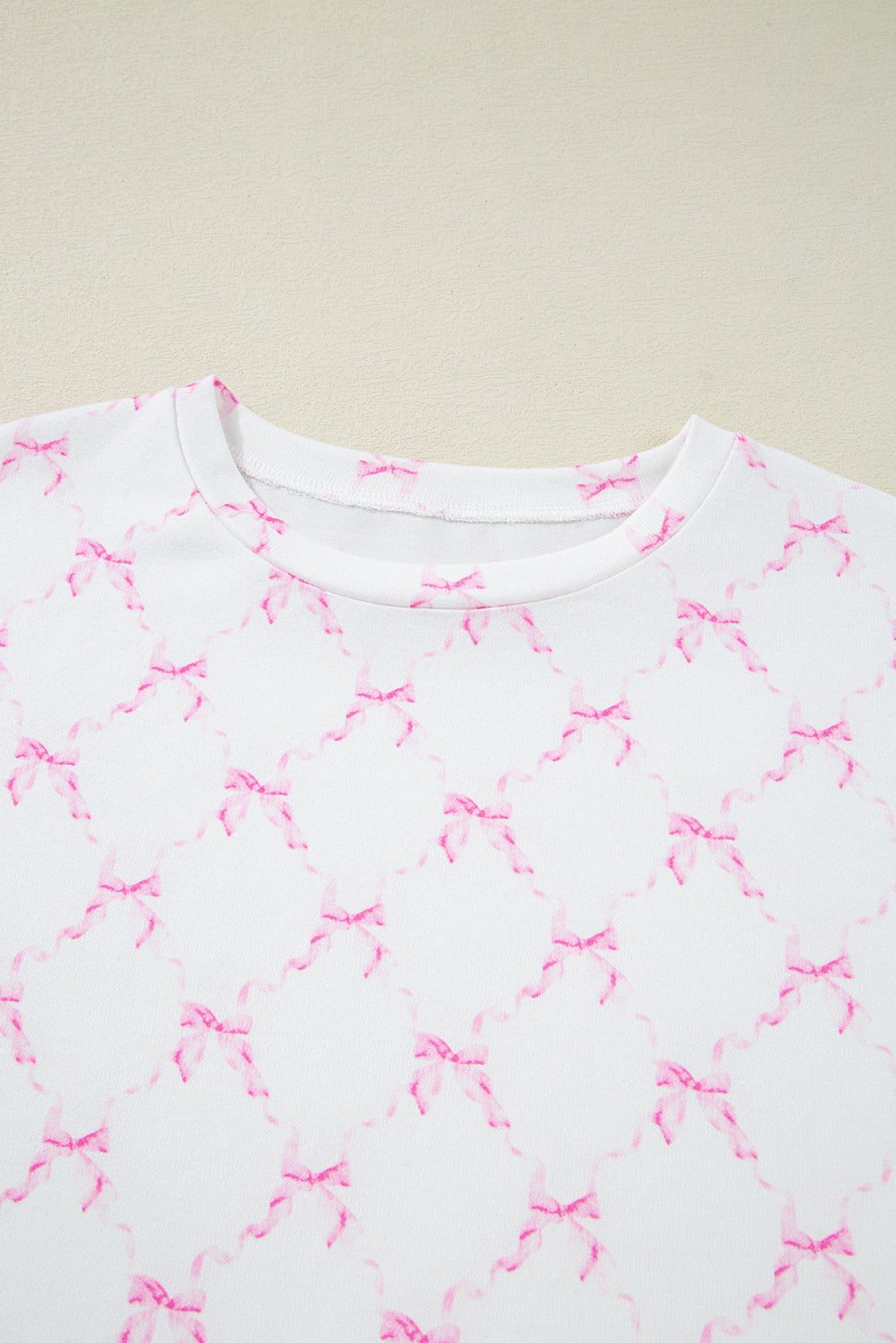 Pink Bow Knot Geometric Print Lettuce Trim Two Piece Pyjamas eAura