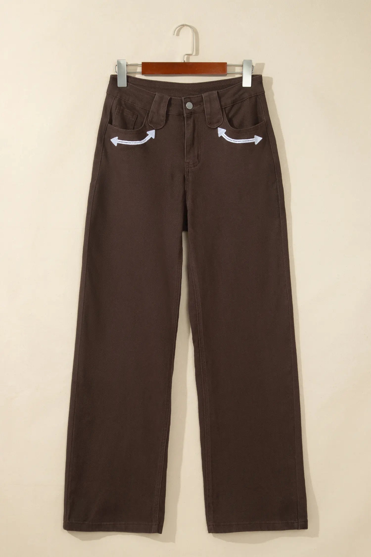 Coffee Western Colorblock Pockets Button Fly Decorative Belt Loops Straight Leg Jeans – Brown