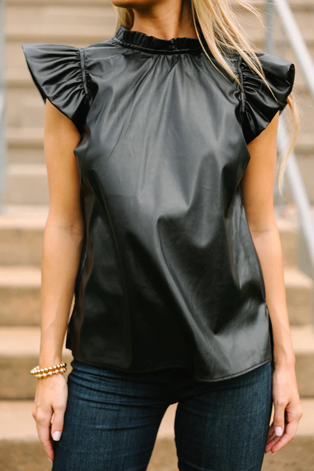 Black PU Leather Frilly Ruffle Trim Blouse eAura