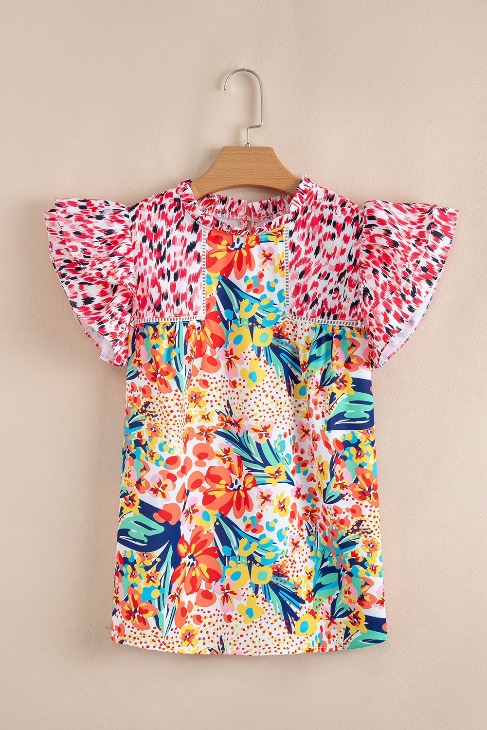 Floral Contrast Print Ruffle Cap Sleeve Blouse eAura