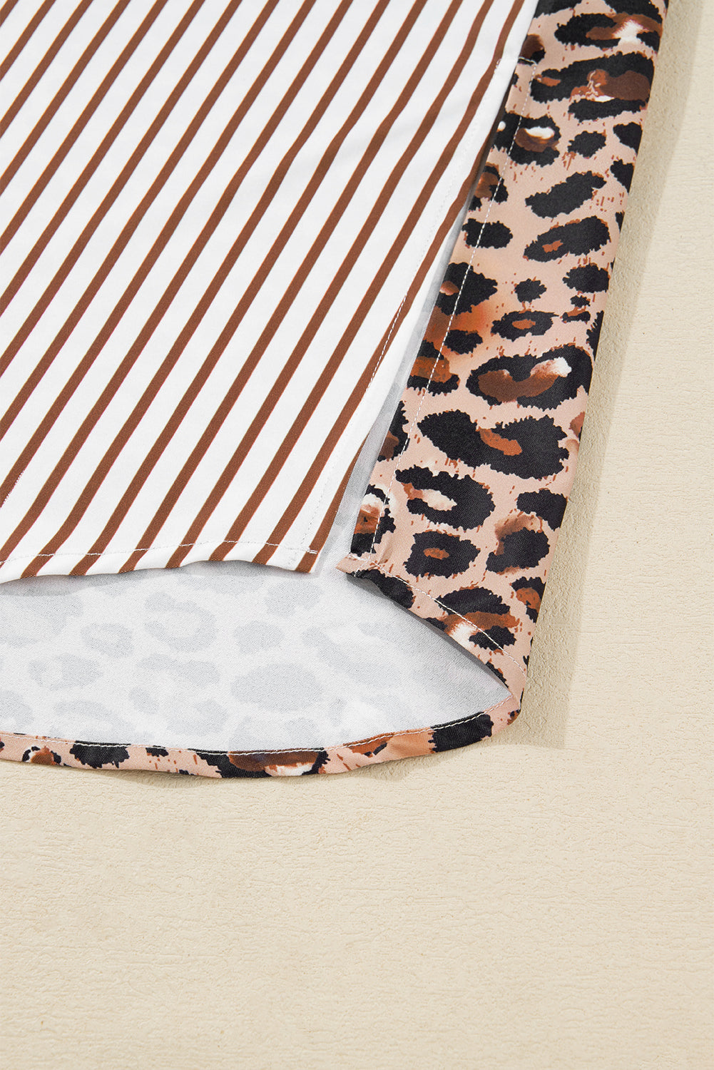 Stripe Contrast Leopard Patchwork Long Shirt Dress with Slits - eAura