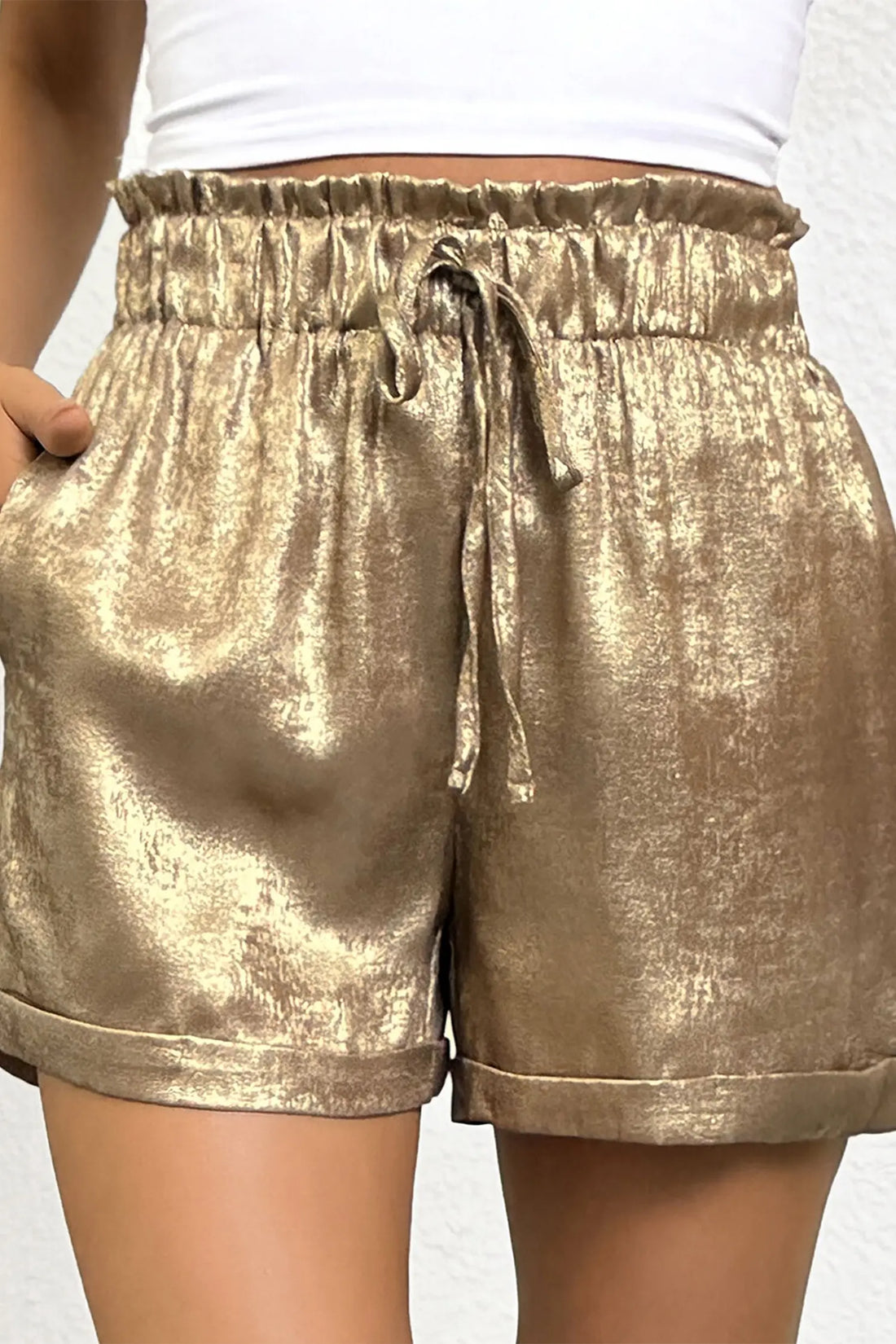 Metallic Luster Tie Elastic Waist Cuffed Hem Shorts