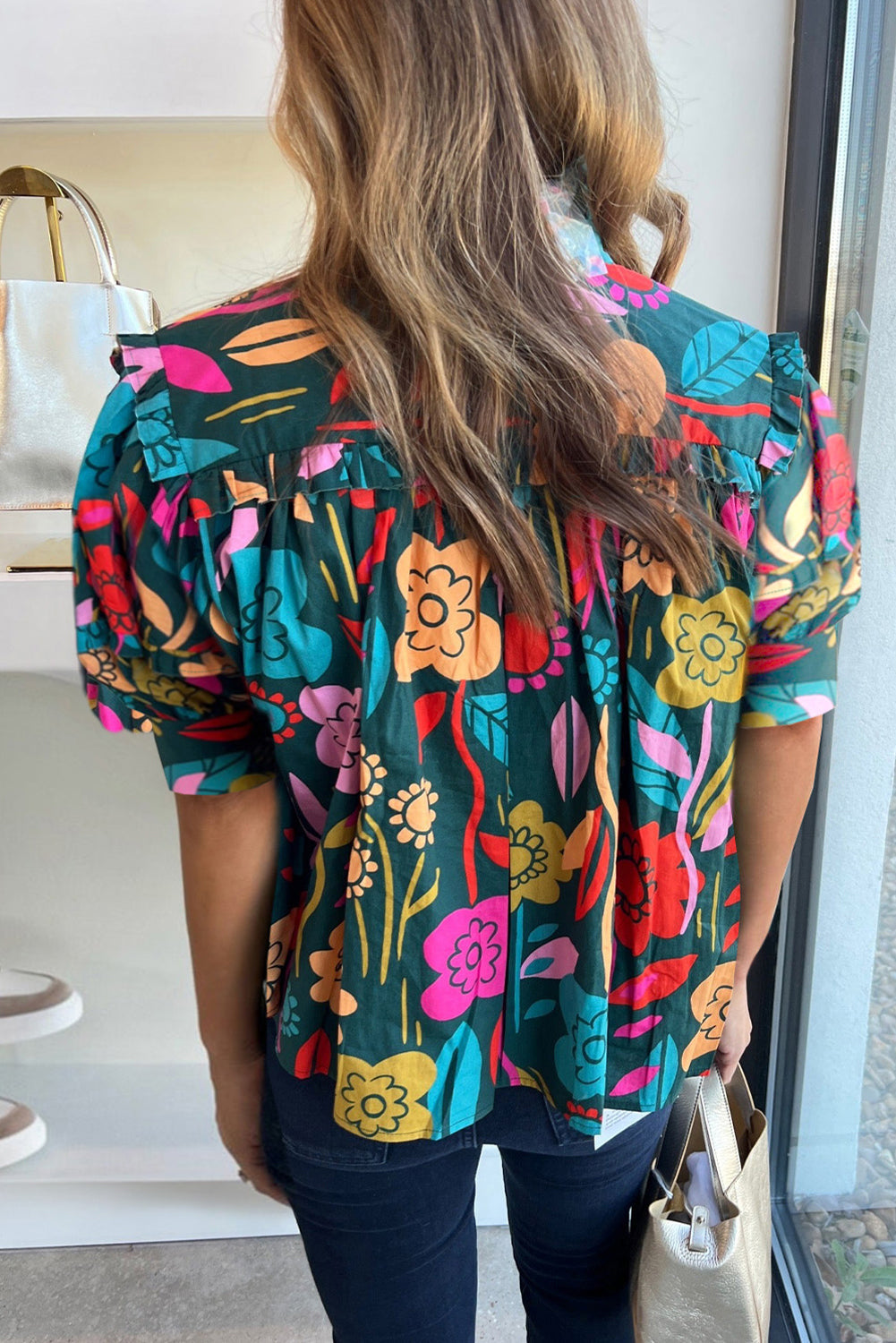 Green Floral Print Puff Sleeve Tied V Neck Blouse eAura