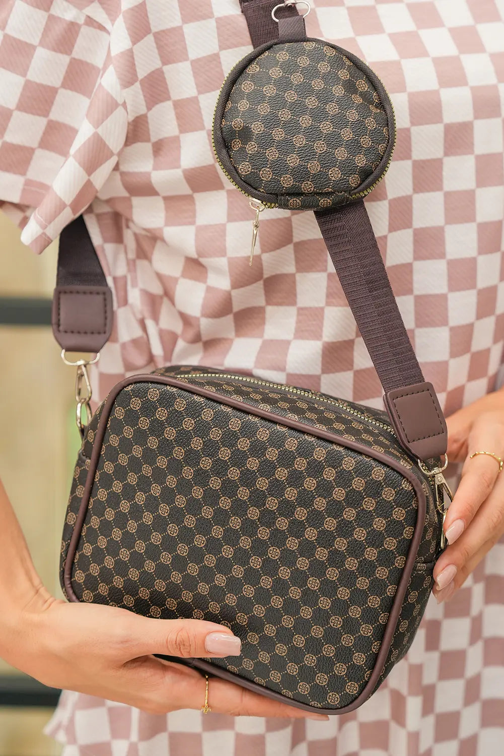 PU Leather Geometric Pattern Adjustable Strap Shoulder Bag with Wallet