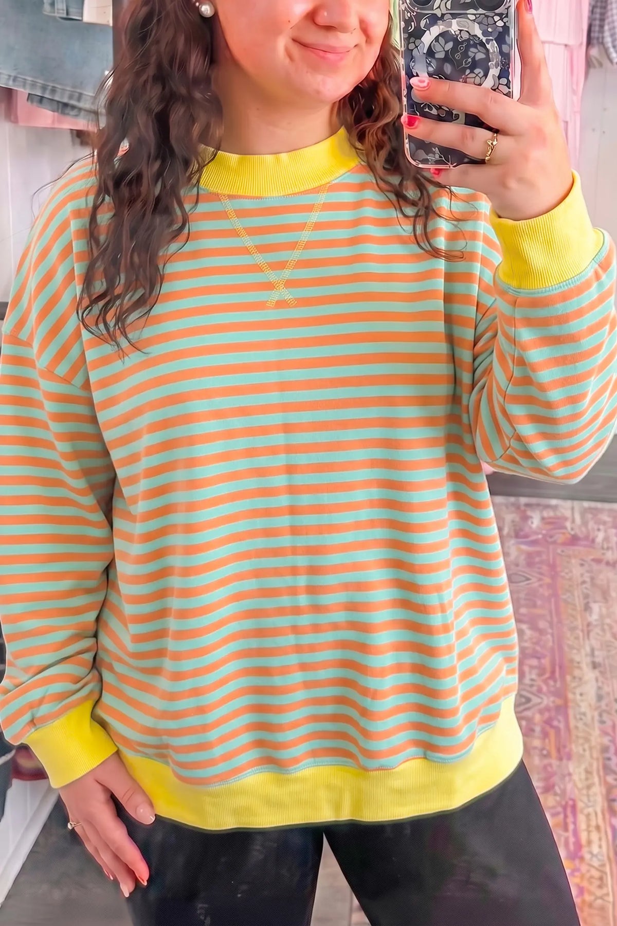 High Neck Striped Colourblock Tunic Plus Size Sweatshirt – Orange Stripe