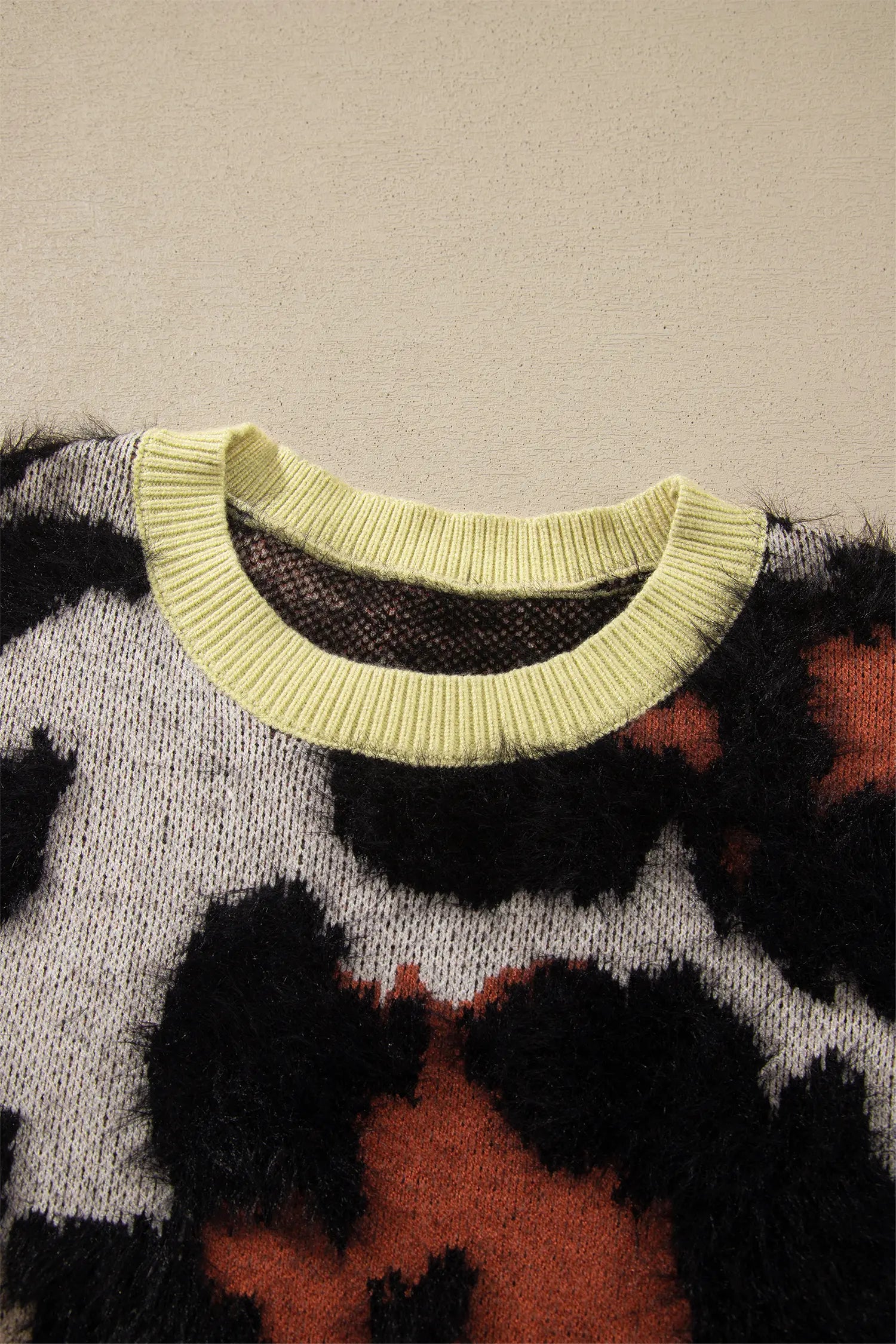 Leopard Print Drop Shoulder Long Sleeve Round Neck Sweater – Khaki