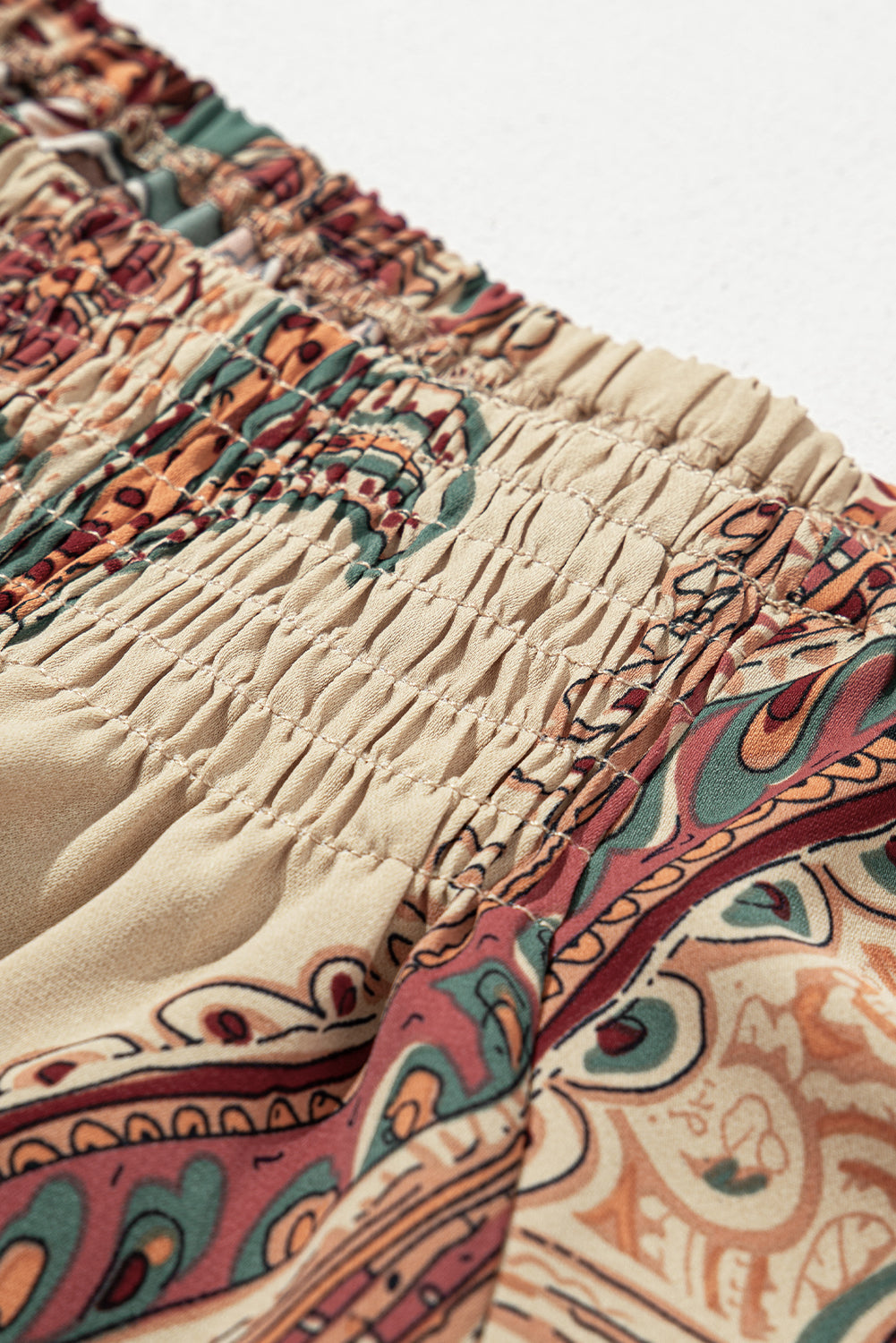 Apricot Paisley Printed Shirred Off Shoulder Ruffled Draped Sleeve Blouse eAura