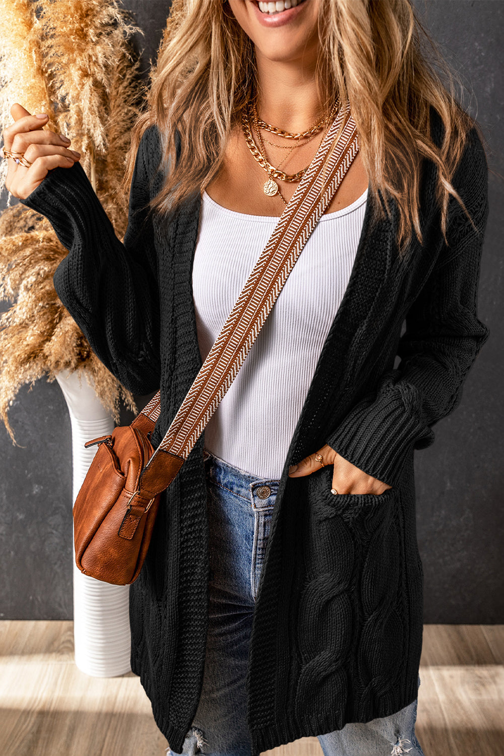 Black Ribbed Trim Eyelet Cable Knit Cardigan eAura